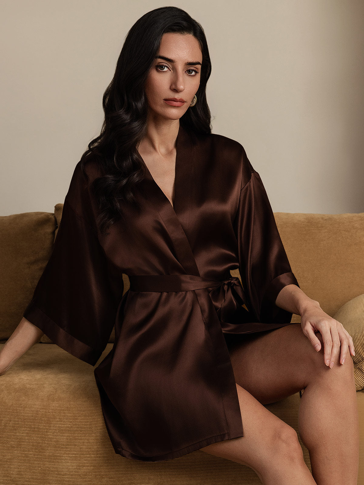 Pure Silk Short Women's Kimono Dressing Gown with Wrap Design