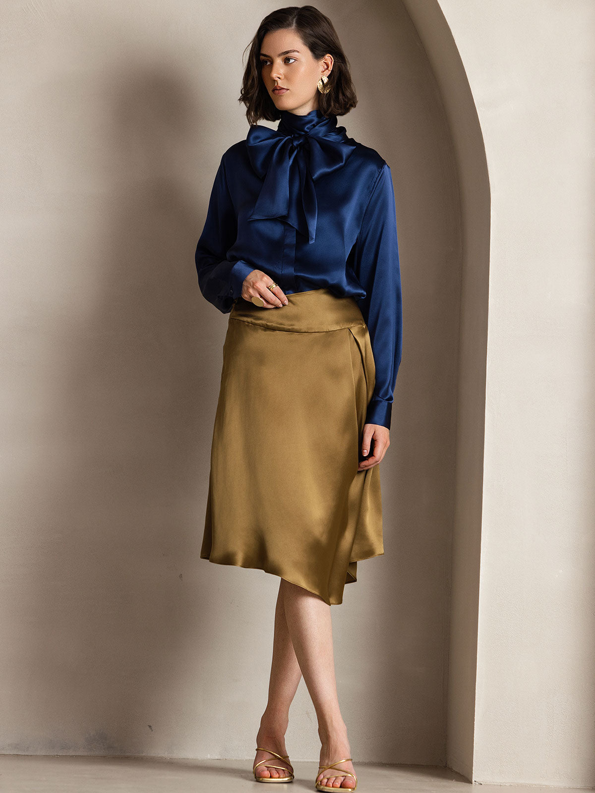 19Momme Silk Long Sleeve High Neck Bow Tie Blouse