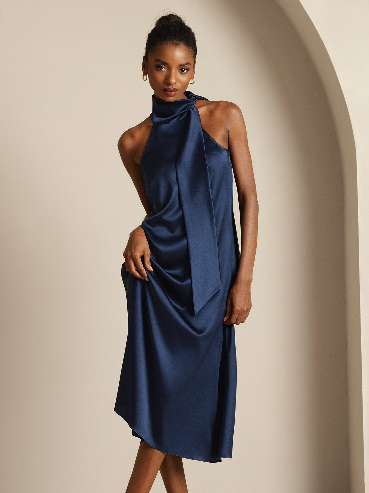 19Momme Silk Sleeveless Tie Neck Midi Dress