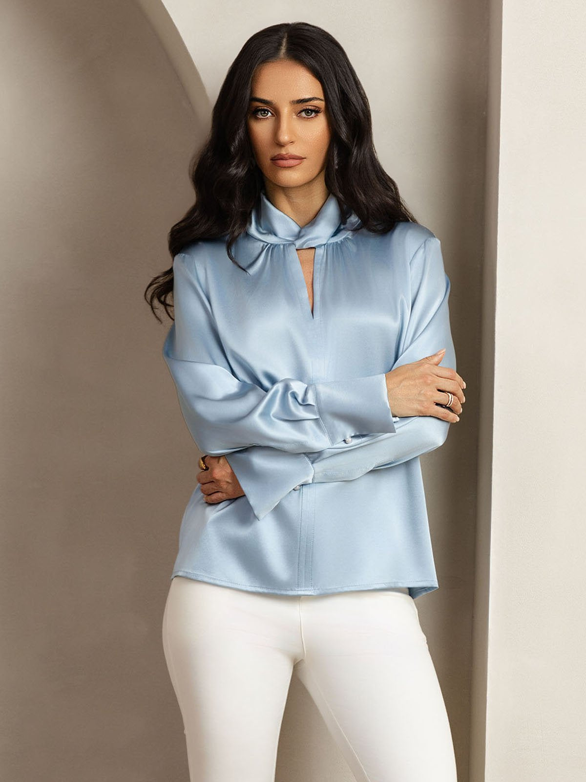 19Momme Silk Keyhole Neck Blouse with Pearl Buttons