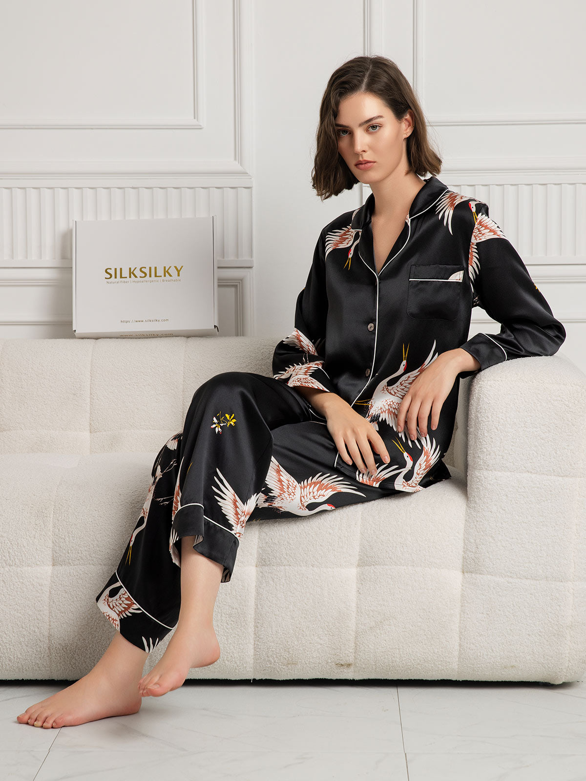 19Momme Women's Pure Silk Crane Print Long Sleeve Notch Collar Pyjamas Set