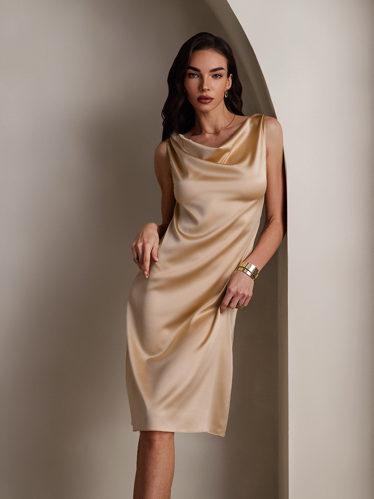 19Momme Silk Sleeveless Cowl Neck Knee Dress