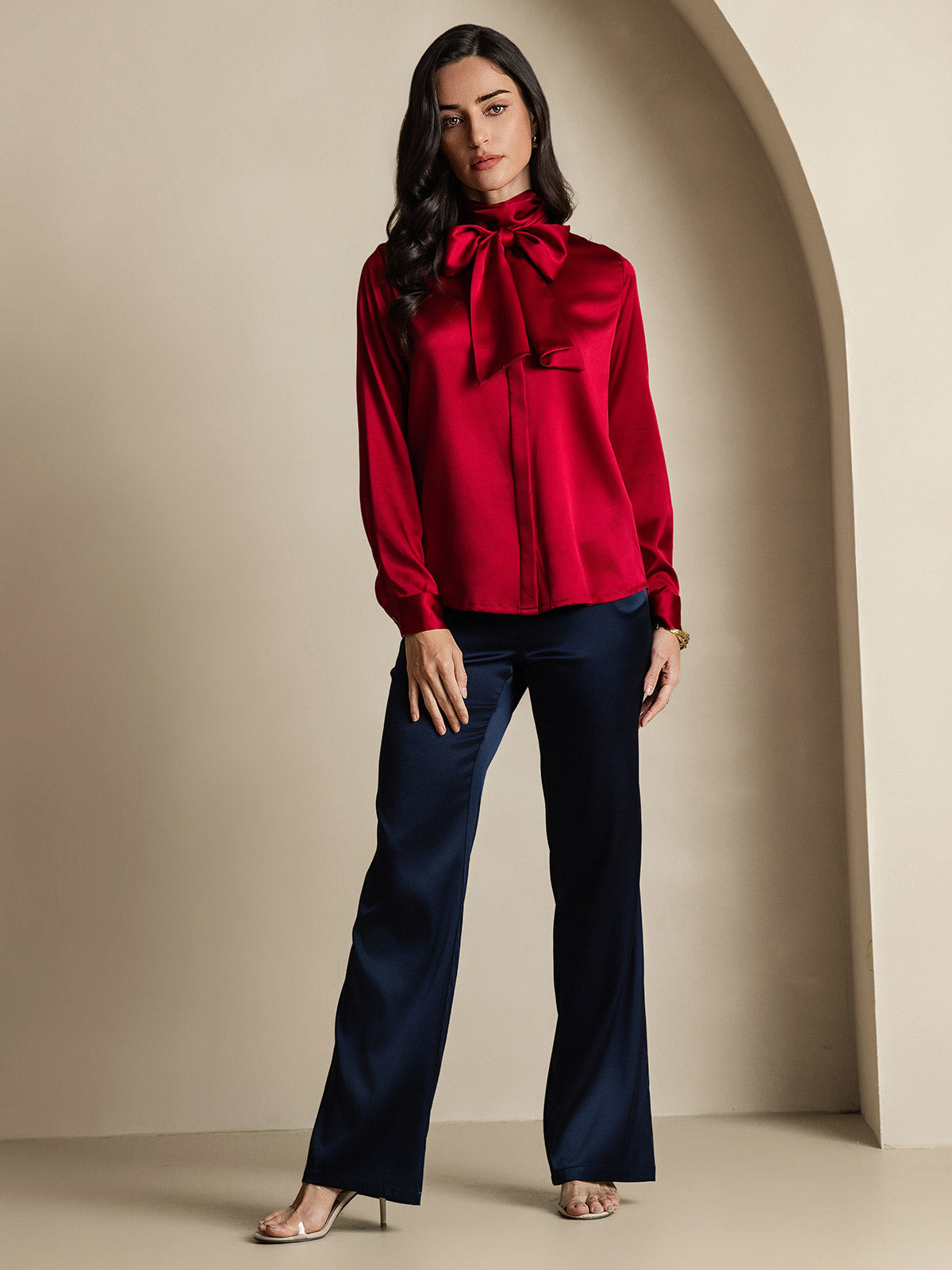 19Momme Silk Long Sleeve High Neck Bow Tie Blouse