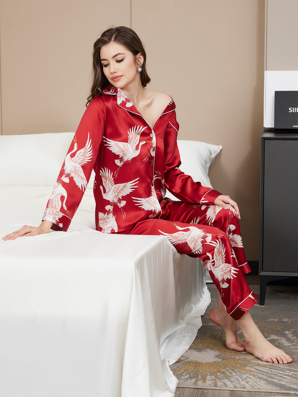 19Momme Women's Pure Silk Crane Print Long Sleeve Pyjamas Set