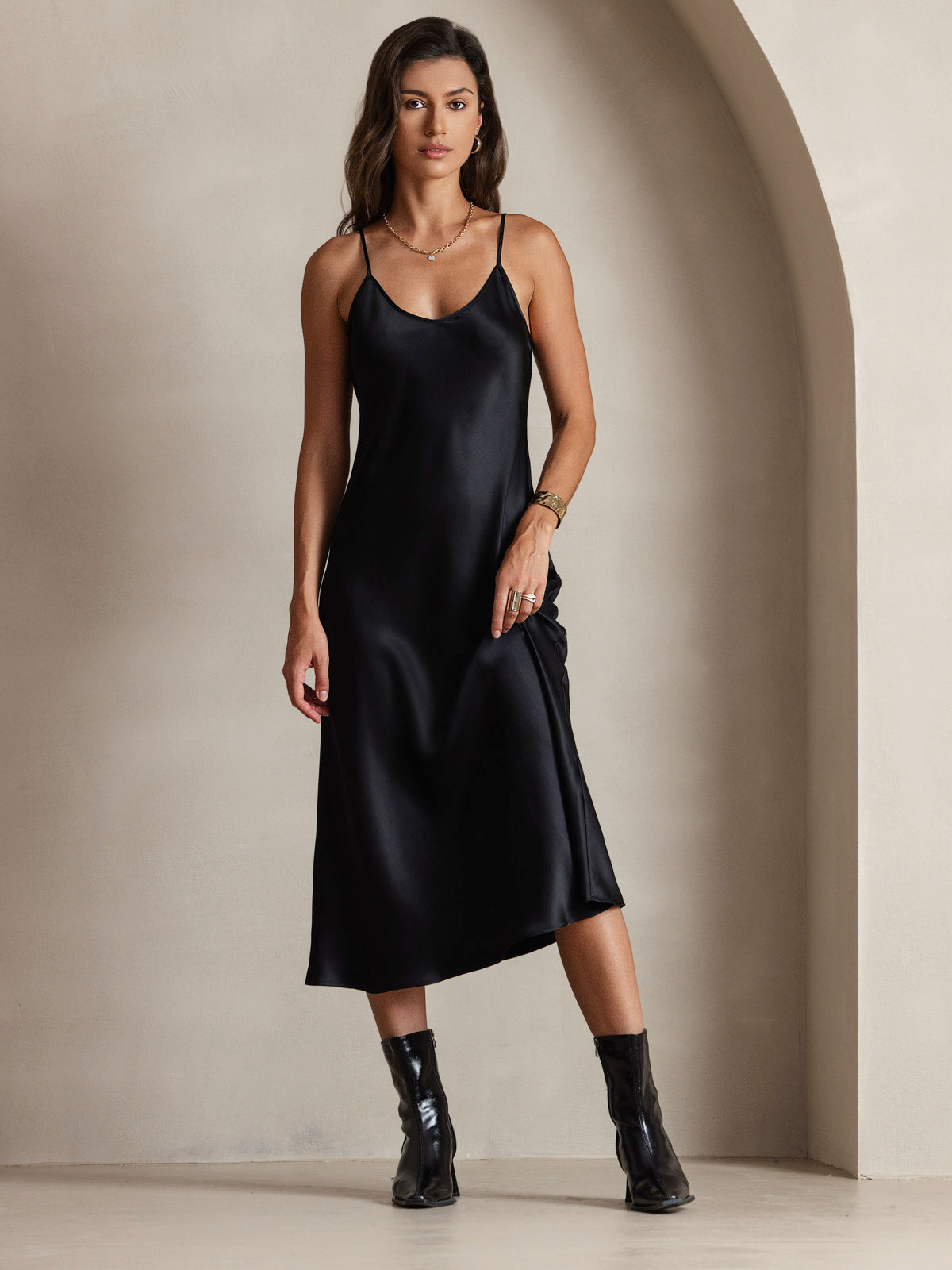 Pure Silk Spaghetti Strap V Neck Midi Dress