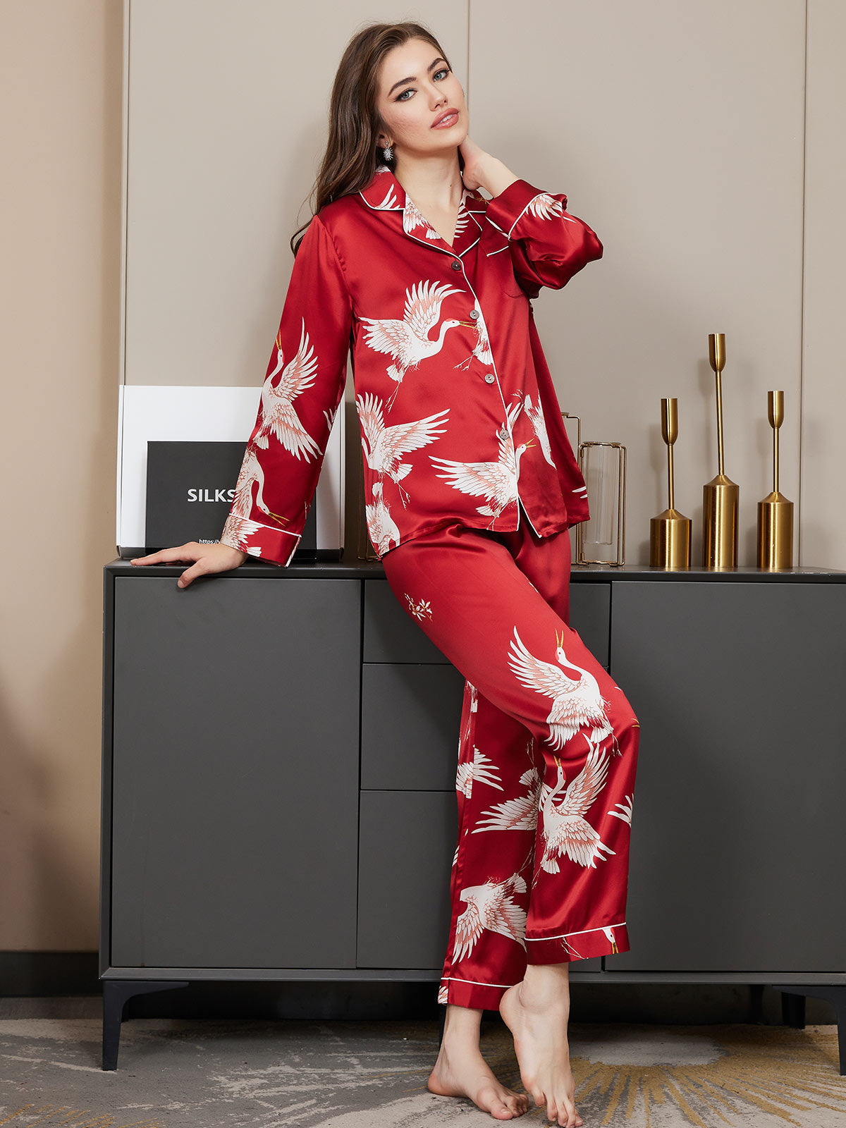 19Momme Women's Pure Silk Crane Print Long Sleeve Pyjamas Set