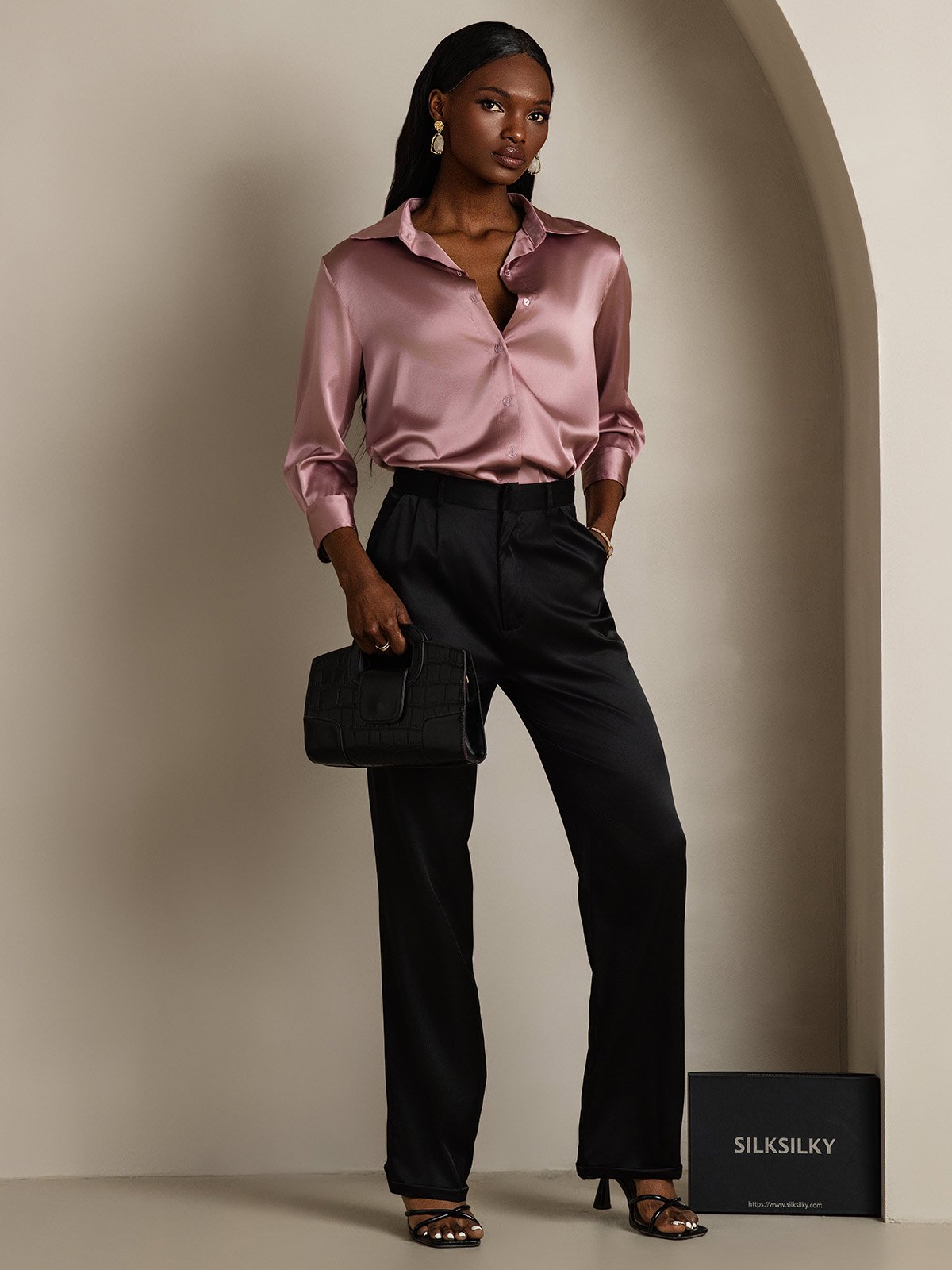 19Momme Silk 3/4 Sleeve Lapel Collar Women's Shirt with Button Up Design