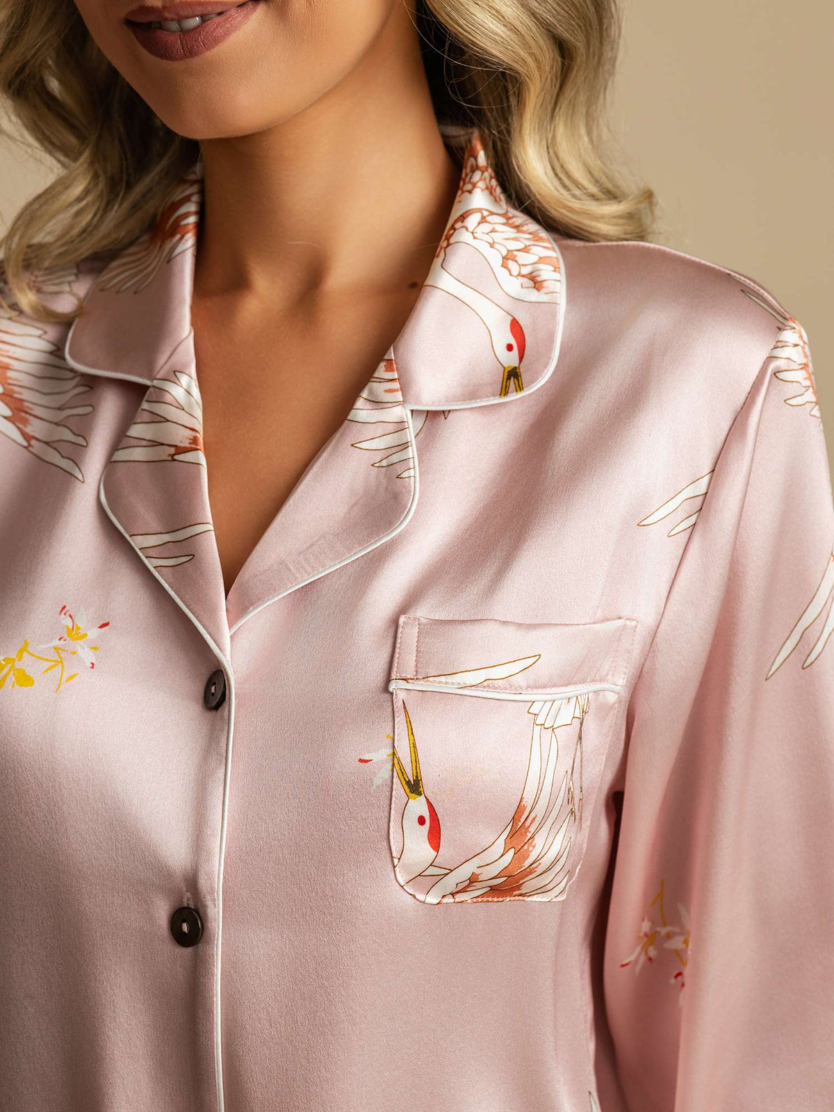 19Momme Women's Pure Silk Crane Print Long Sleeve Pyjamas Set