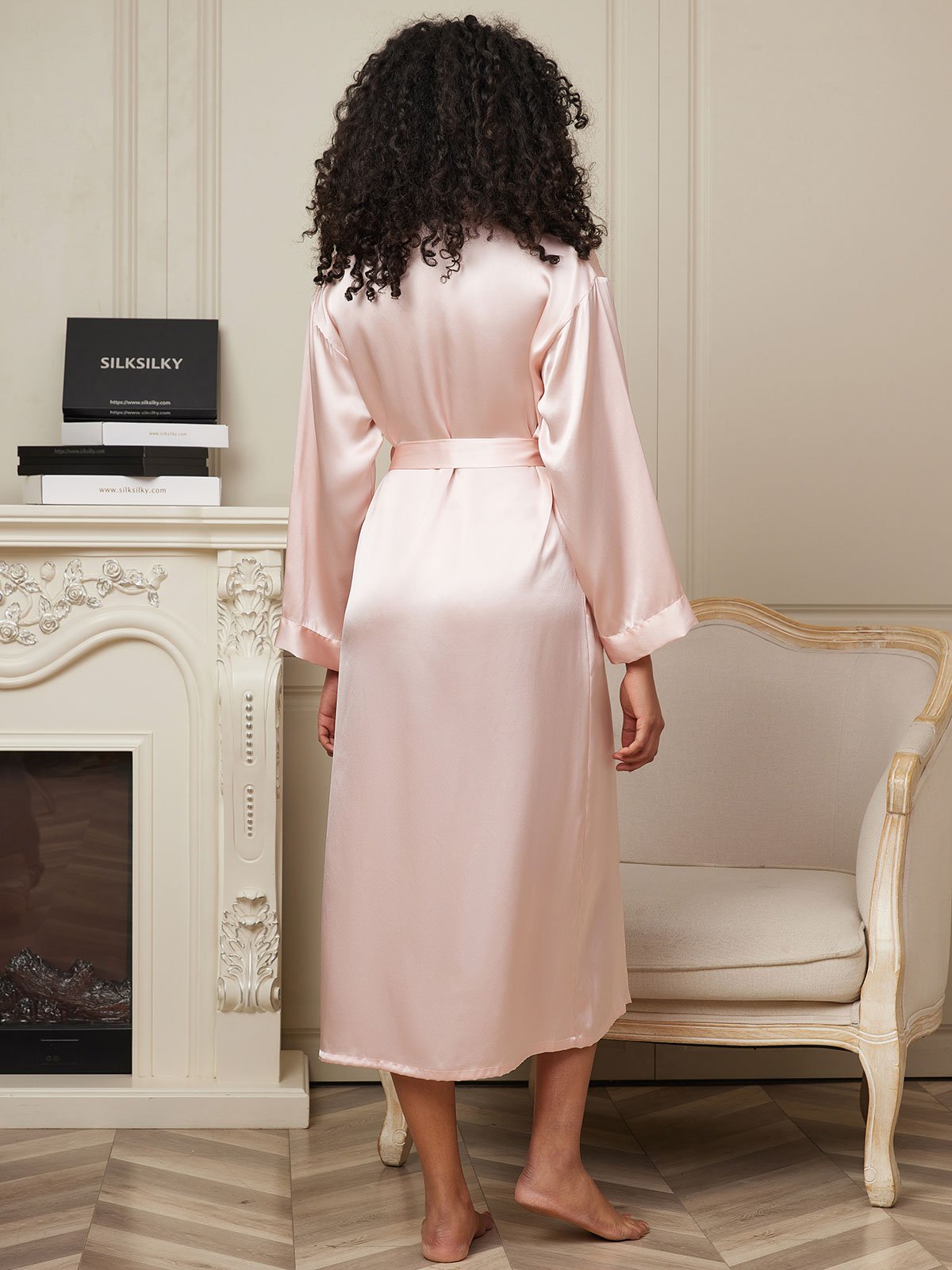 Women's Pure Silk Long Sleeve Midi Wrap Dressing Gown