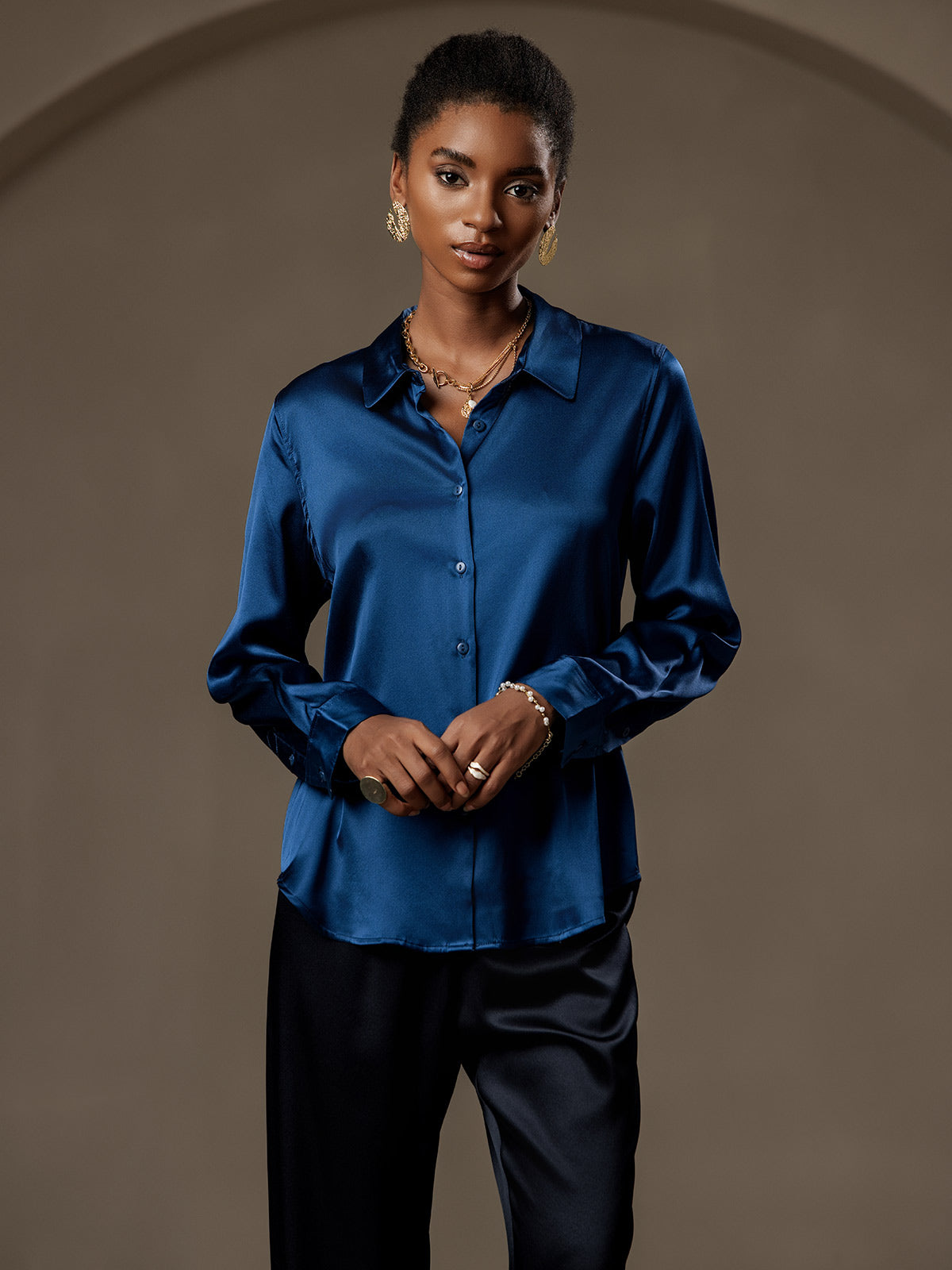 19Momme Silk Long Sleeve Lapel Collar Women's Shirt with Button Up Design