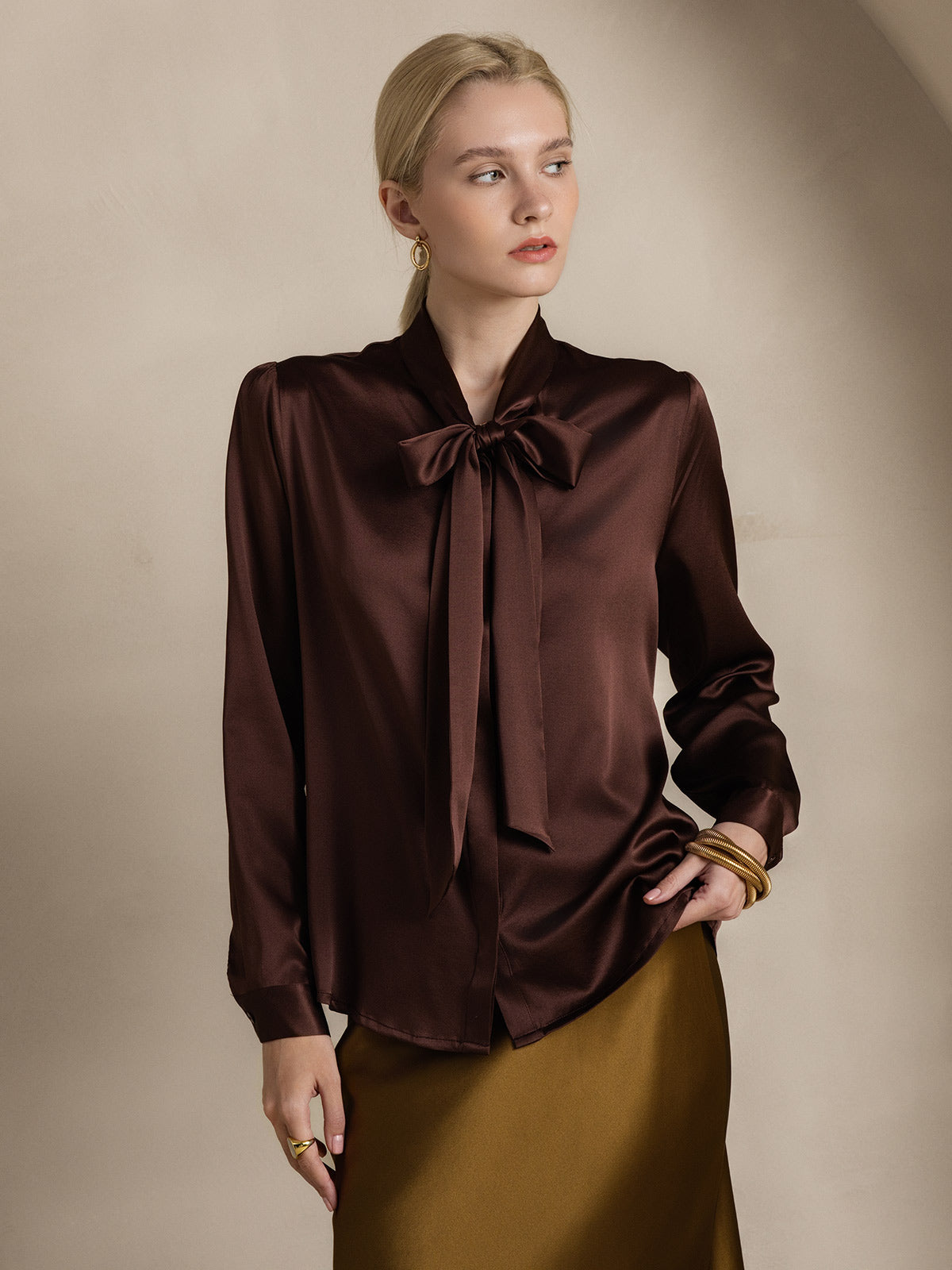 19Momme Silk Long Sleeve Tie Neck Blouse