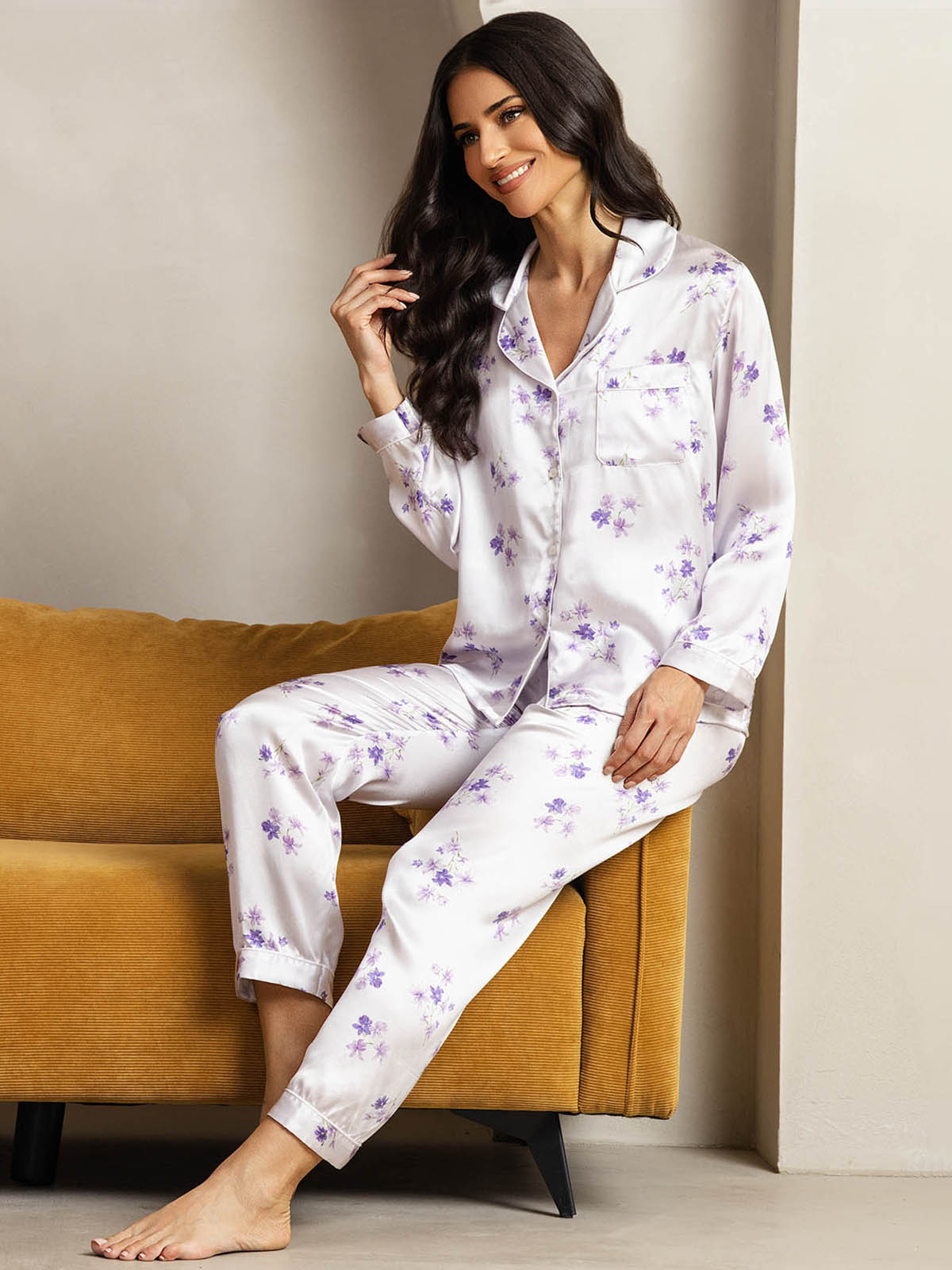 Pure Silk Lilac Bloom Print Long Sleeve Notch Collar Women's Pajamas Set