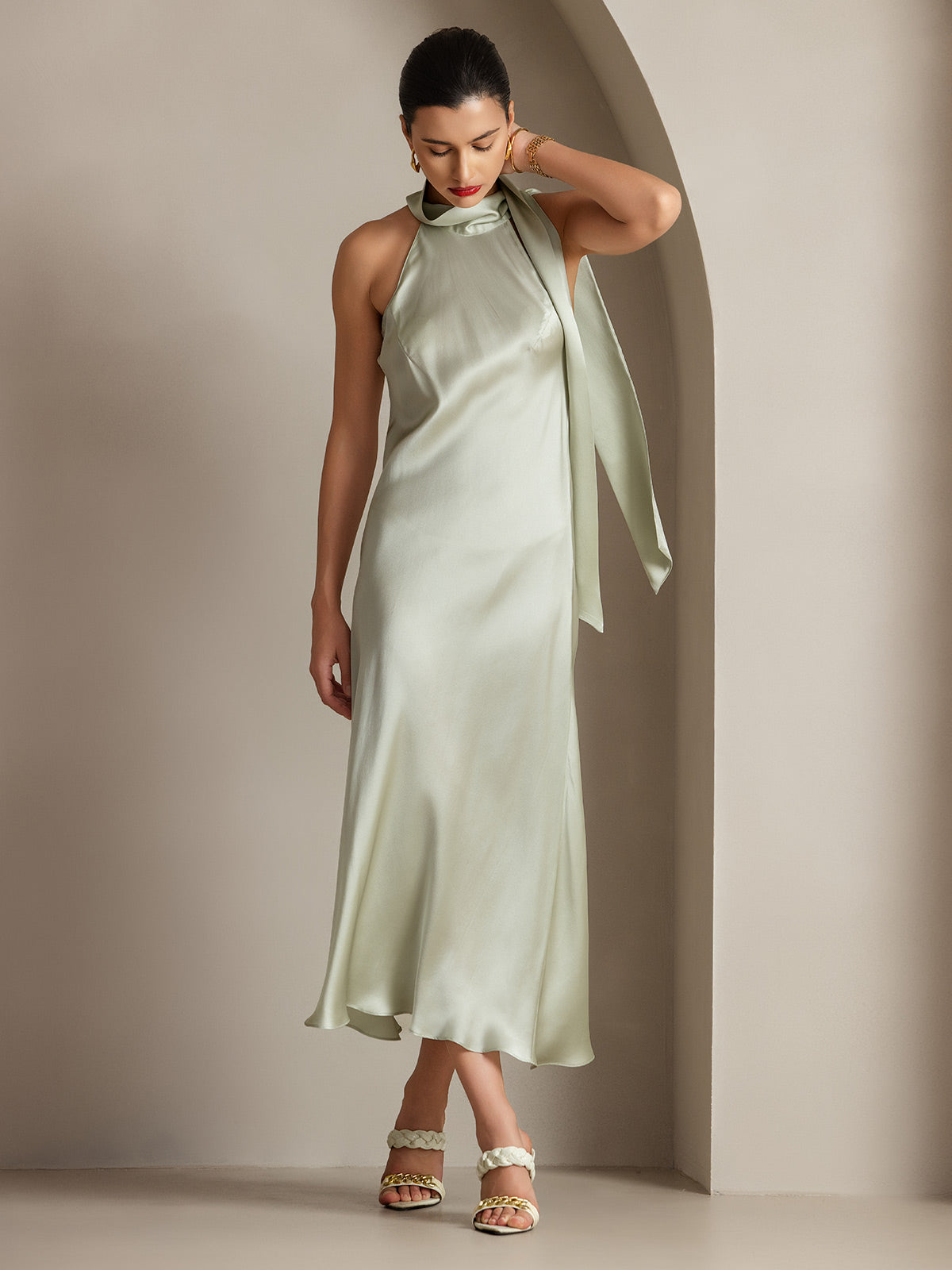 19Momme Silk Sleeveless Tie Neck Midi Dress