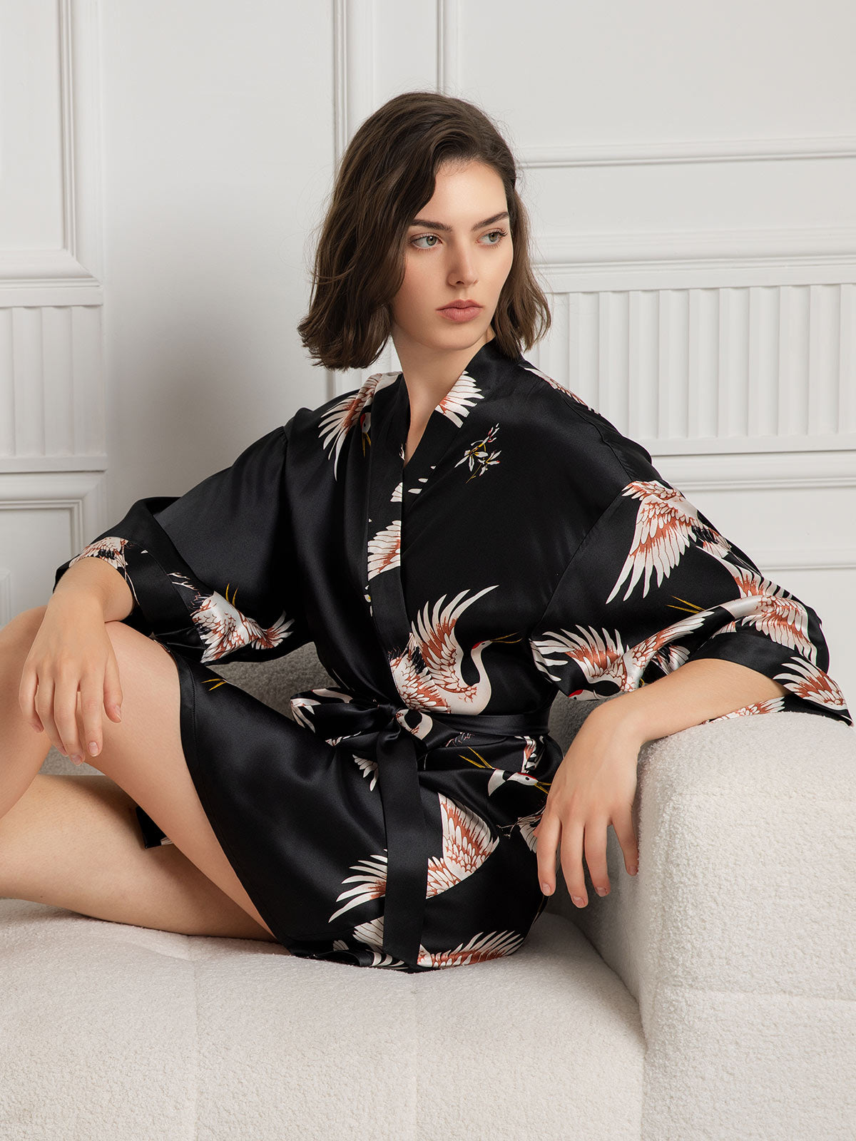 19Momme Pure Silk Crane Print 3/4 Sleeve Short Women's Kimono Robe with Wrap Design