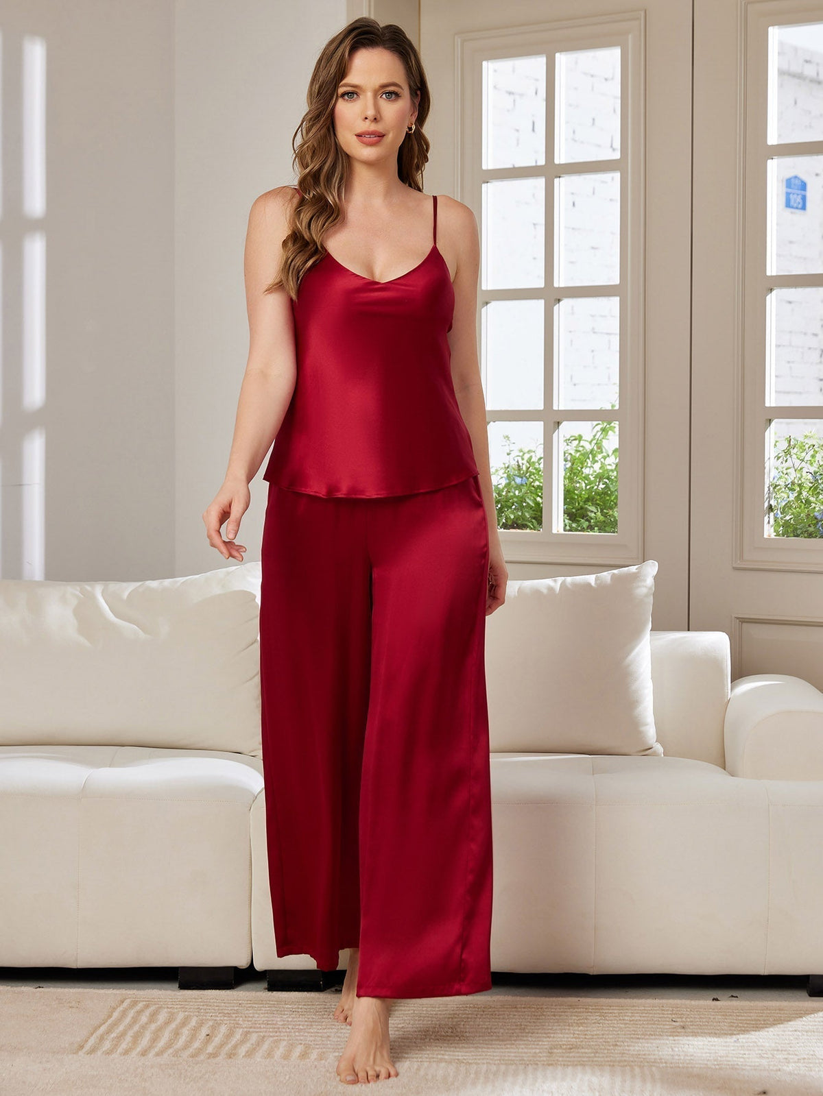 Pure Silk Spaghetti Strap V Neck Cami & Wide Leg Pants Set