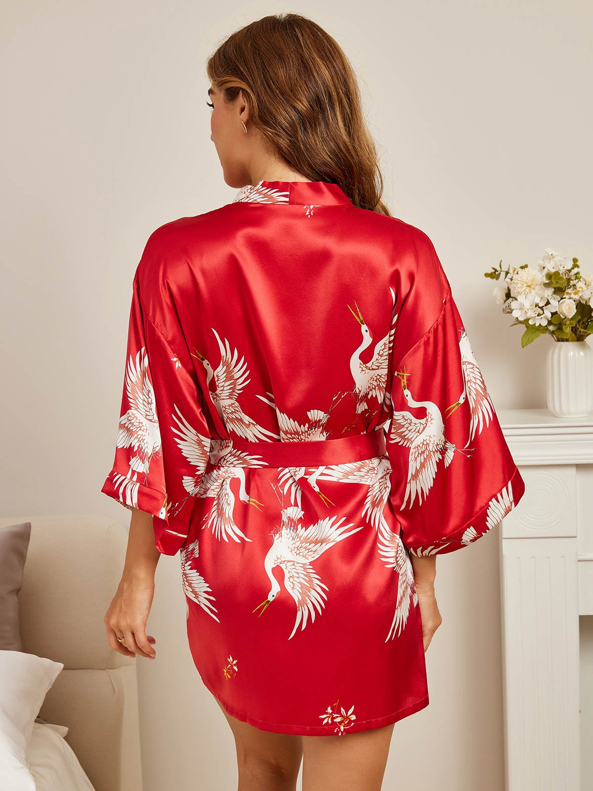 19Momme Pure Silk Crane Print 3/4 Sleeve Short Women's Kimono Robe with Wrap Design