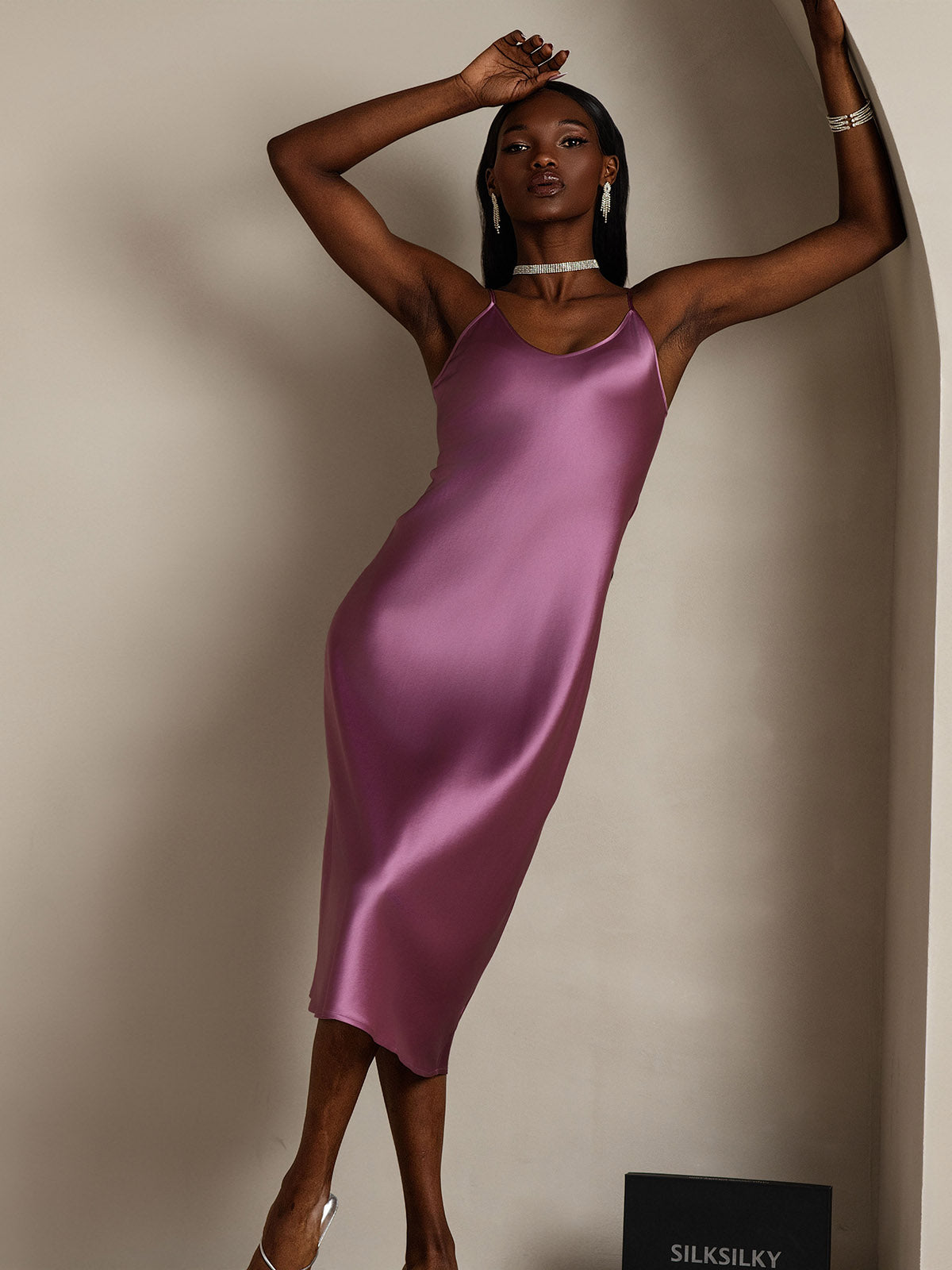 Pure Silk Spaghetti Strap Midi Dress