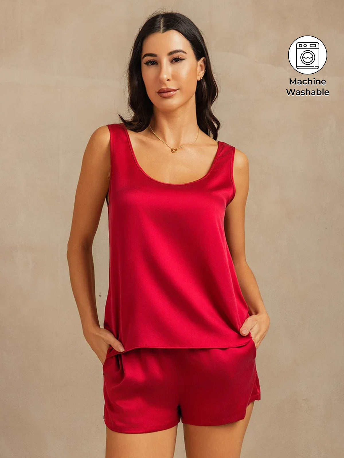 19Momme Washable Silk Tank Top & Shorts Set with Side Pocket Design