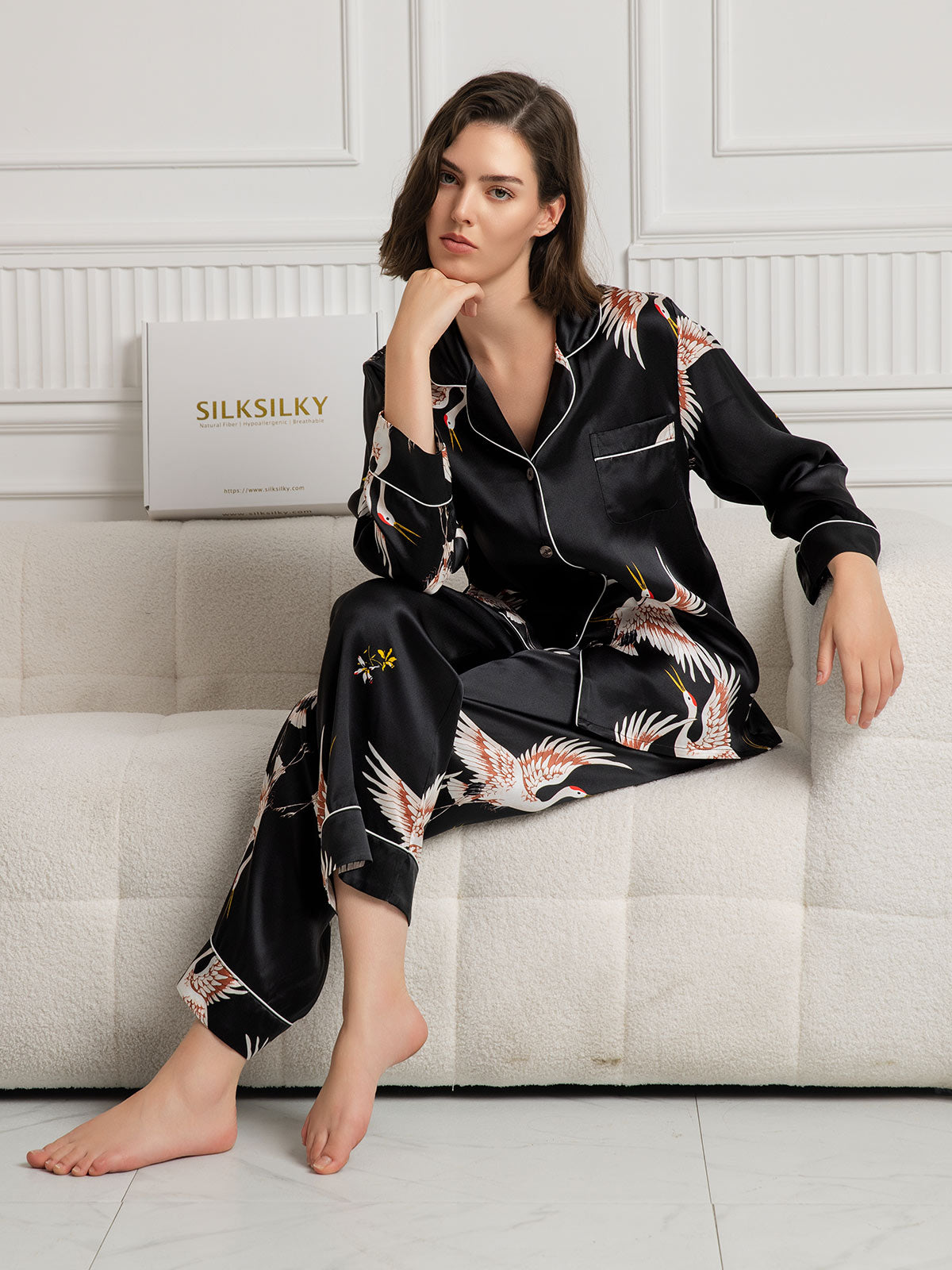 19Momme Women's Pure Silk Crane Print Long Sleeve Pyjamas Set