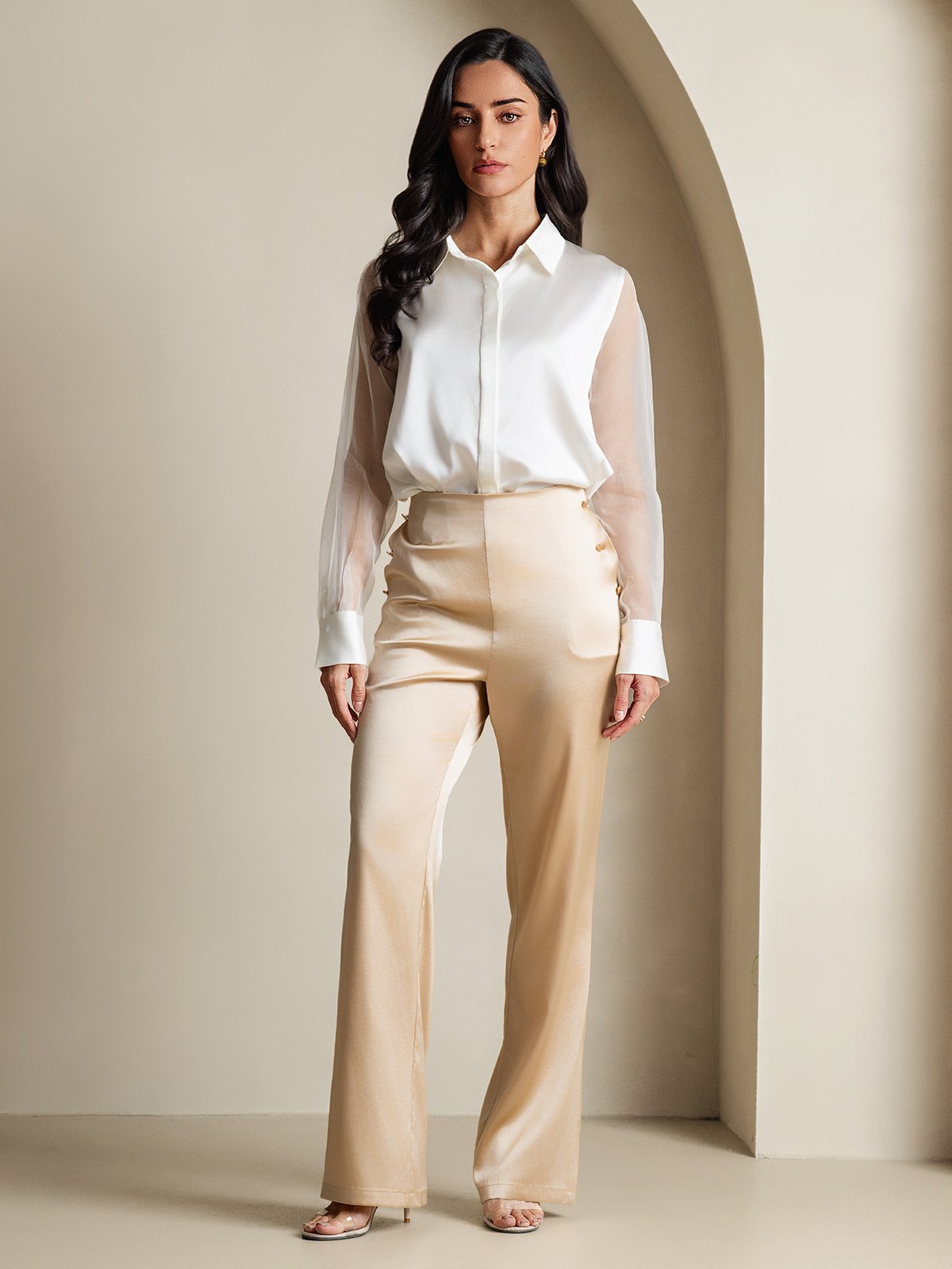 Women's 19Momme Silk Sheer Sleeve Lapel Collar Shirt