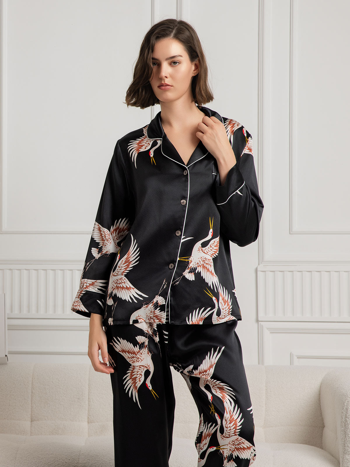 19Momme Women's Pure Silk Crane Print Long Sleeve Pyjamas Set