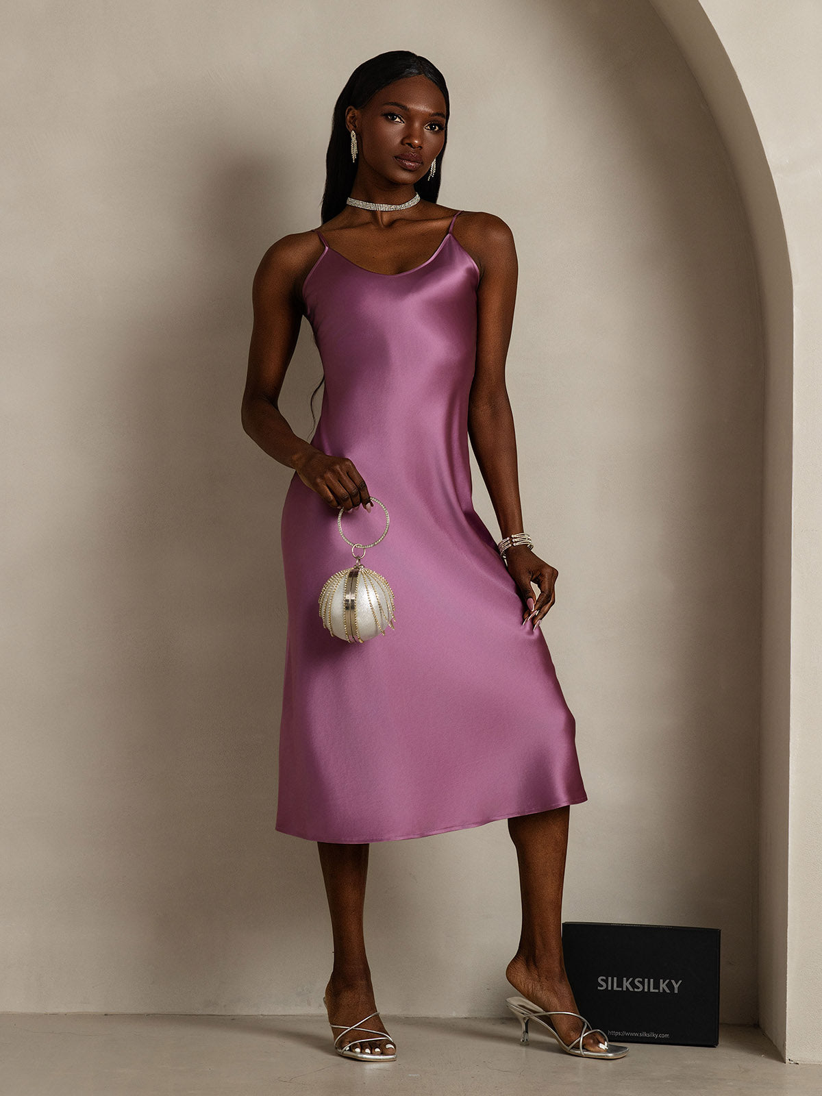 Pure Silk Spaghetti Strap Midi Dress