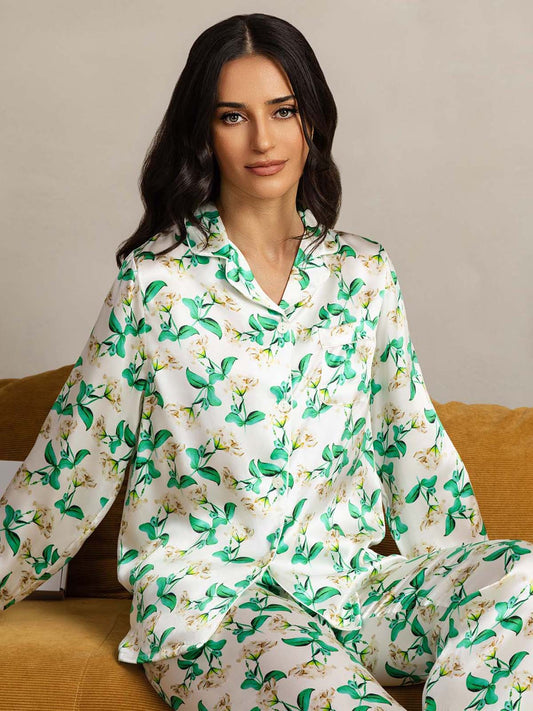 Women's Pure Silk Green Floral Print Long Sleeve Notch Collar Pajamas Set