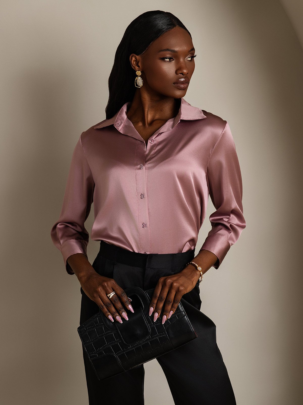 19Momme Silk 3/4 Sleeve Lapel Collar Women's Shirt with Button Up Design