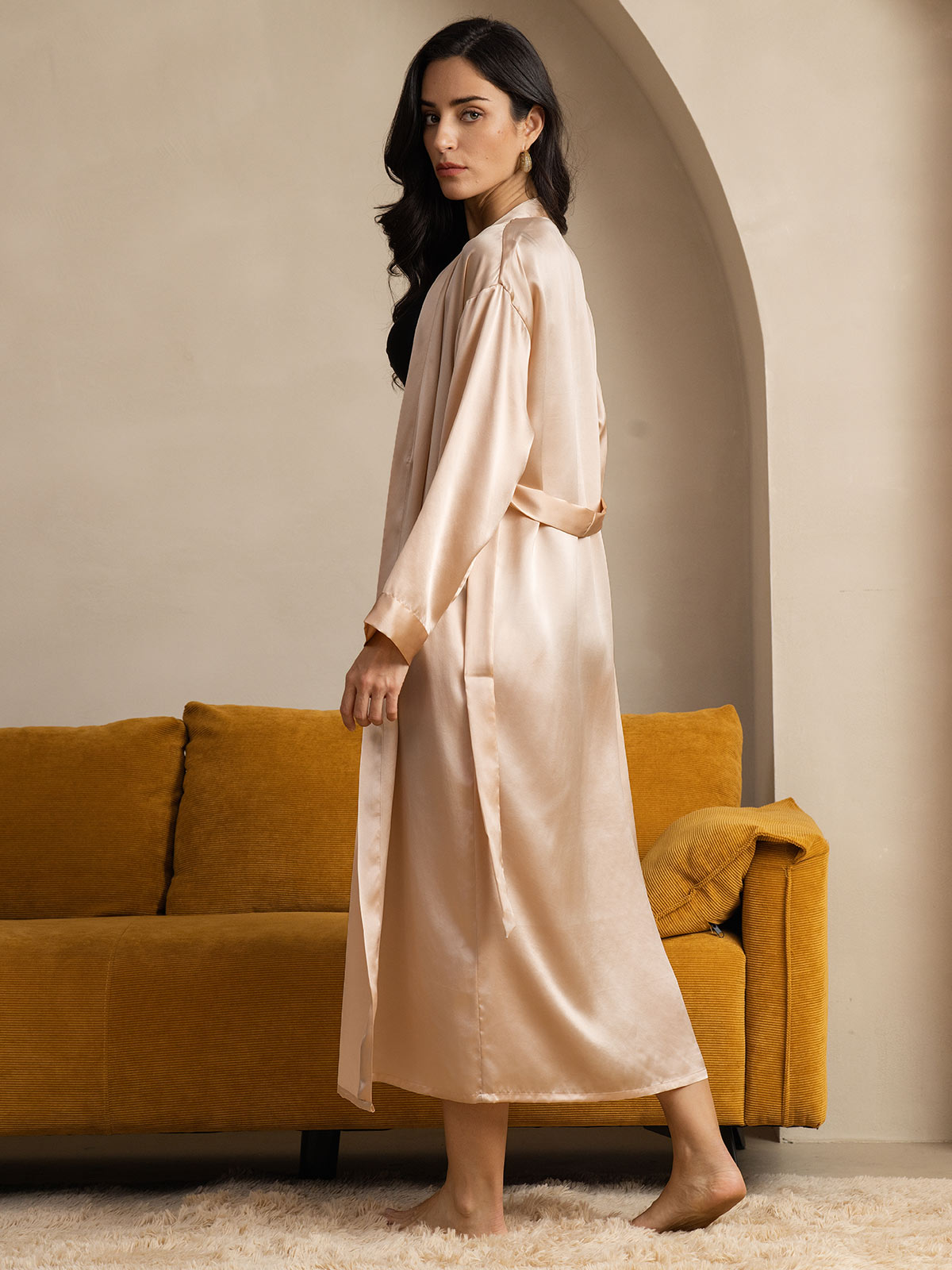 Women's Pure Silk Long Sleeve Midi Wrap Dressing Gown