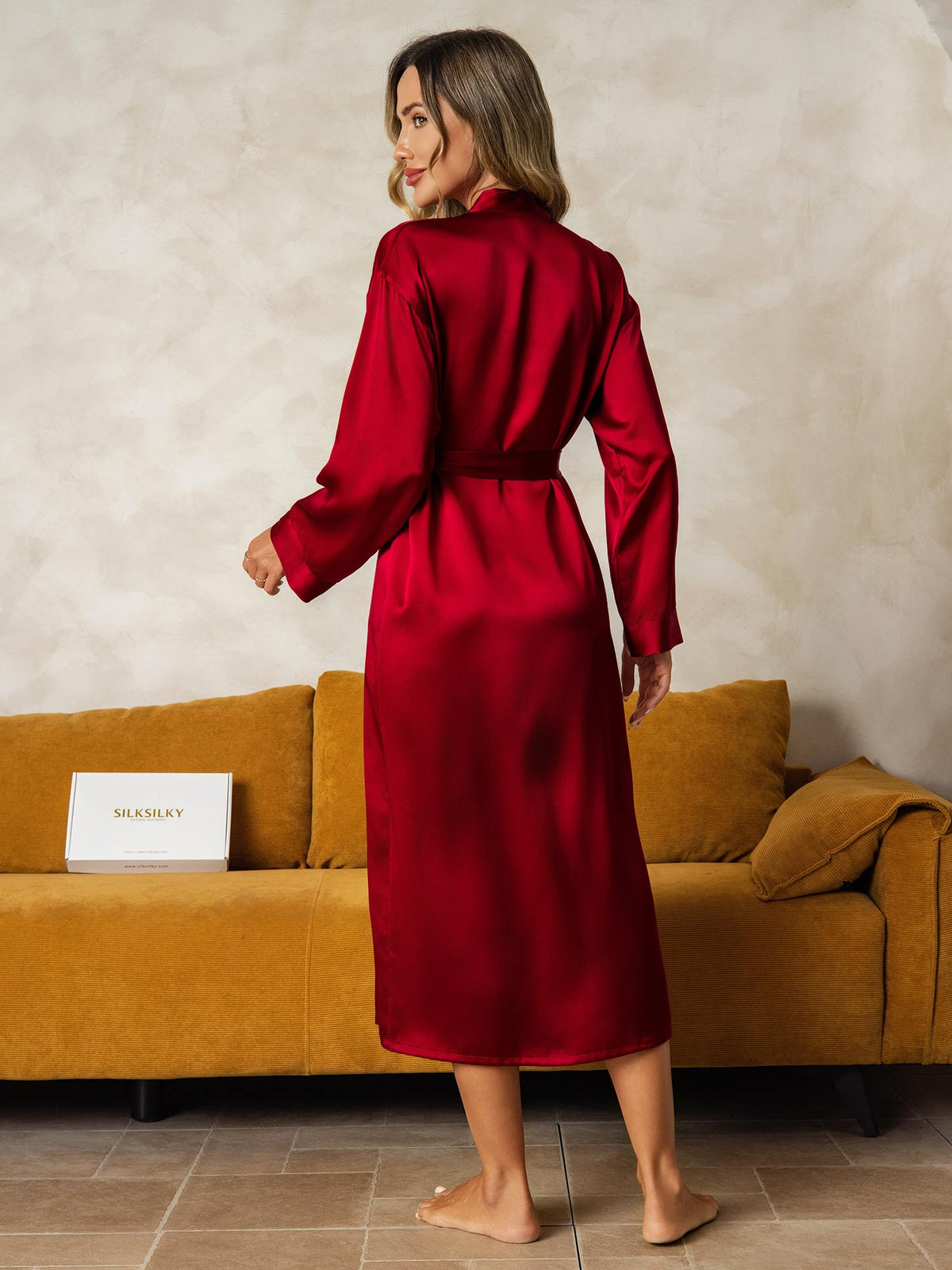 Women's Pure Silk Long Sleeve Midi Wrap Dressing Gown
