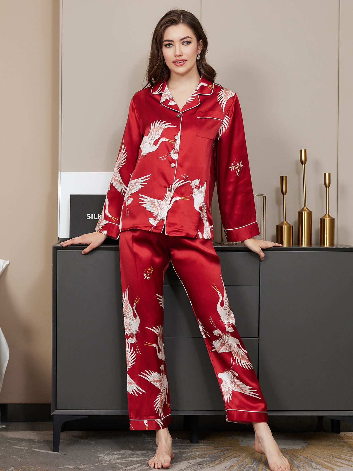 19Momme Women's Pure Silk Crane Print Long Sleeve Notch Collar Pyjamas Set