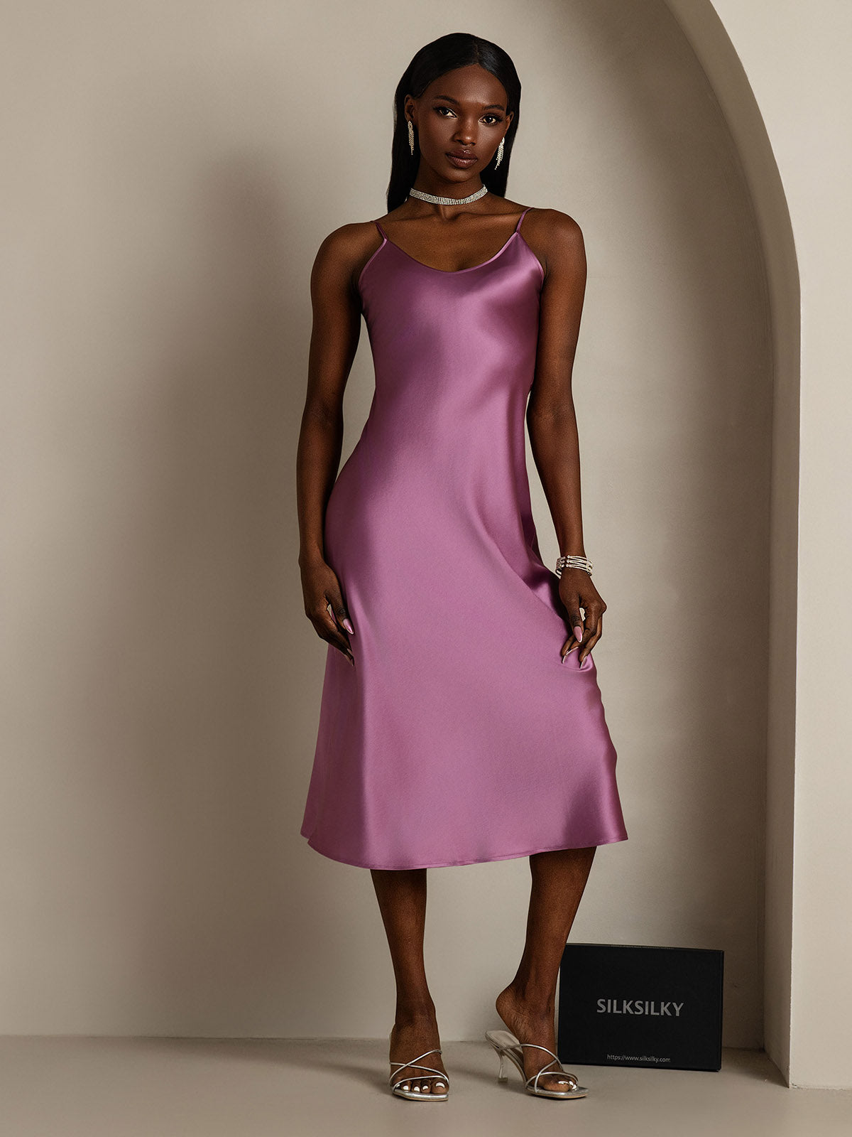 Women's Pure Silk Spaghetti Strap V-neck Midi Nightdress