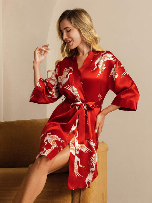 19Momme Pure Silk Crane Print Belted Wrap Women's Kimono Robe
