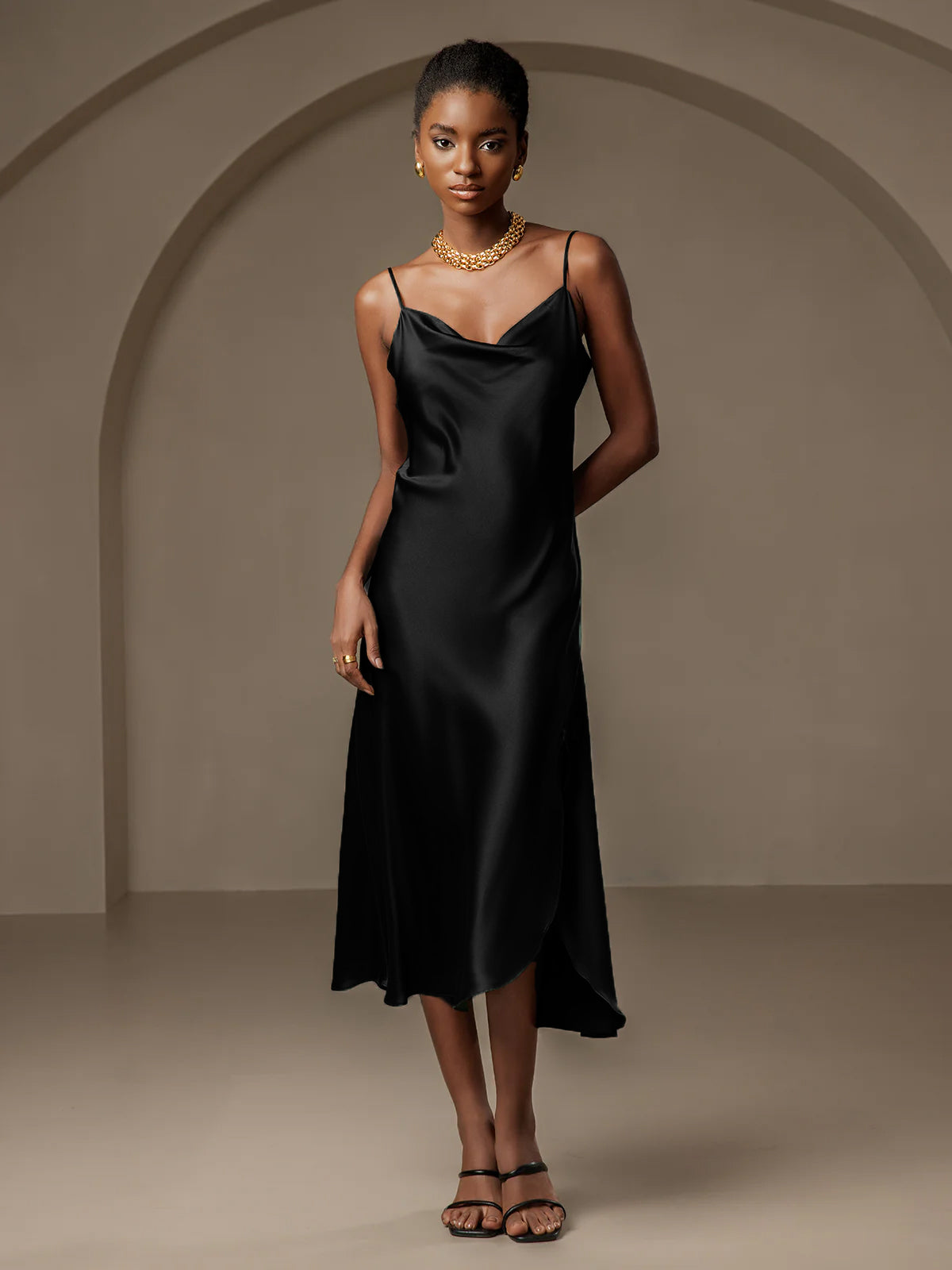 Pure Silk Spaghetti Strap Cowl Neck Bias Midi Dress with Split Design