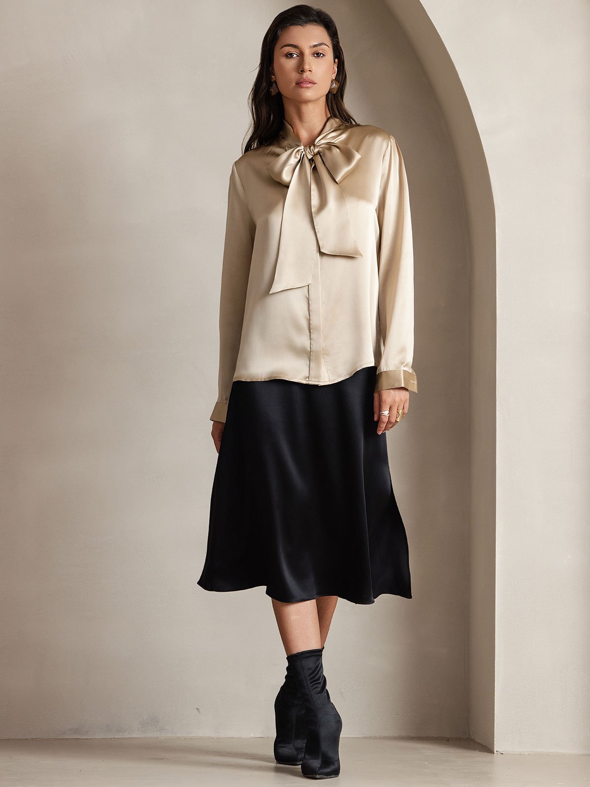 19Momme Silk Long Sleeve Tie Neck Blouse