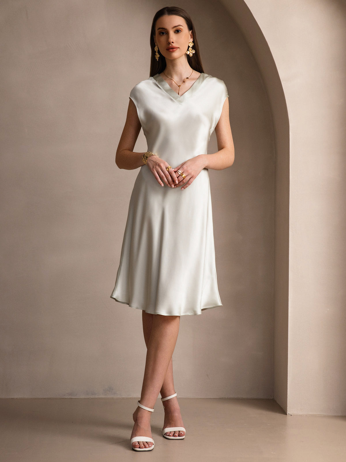Pure Silk Cap Sleeve V-neck Knee Nightdress