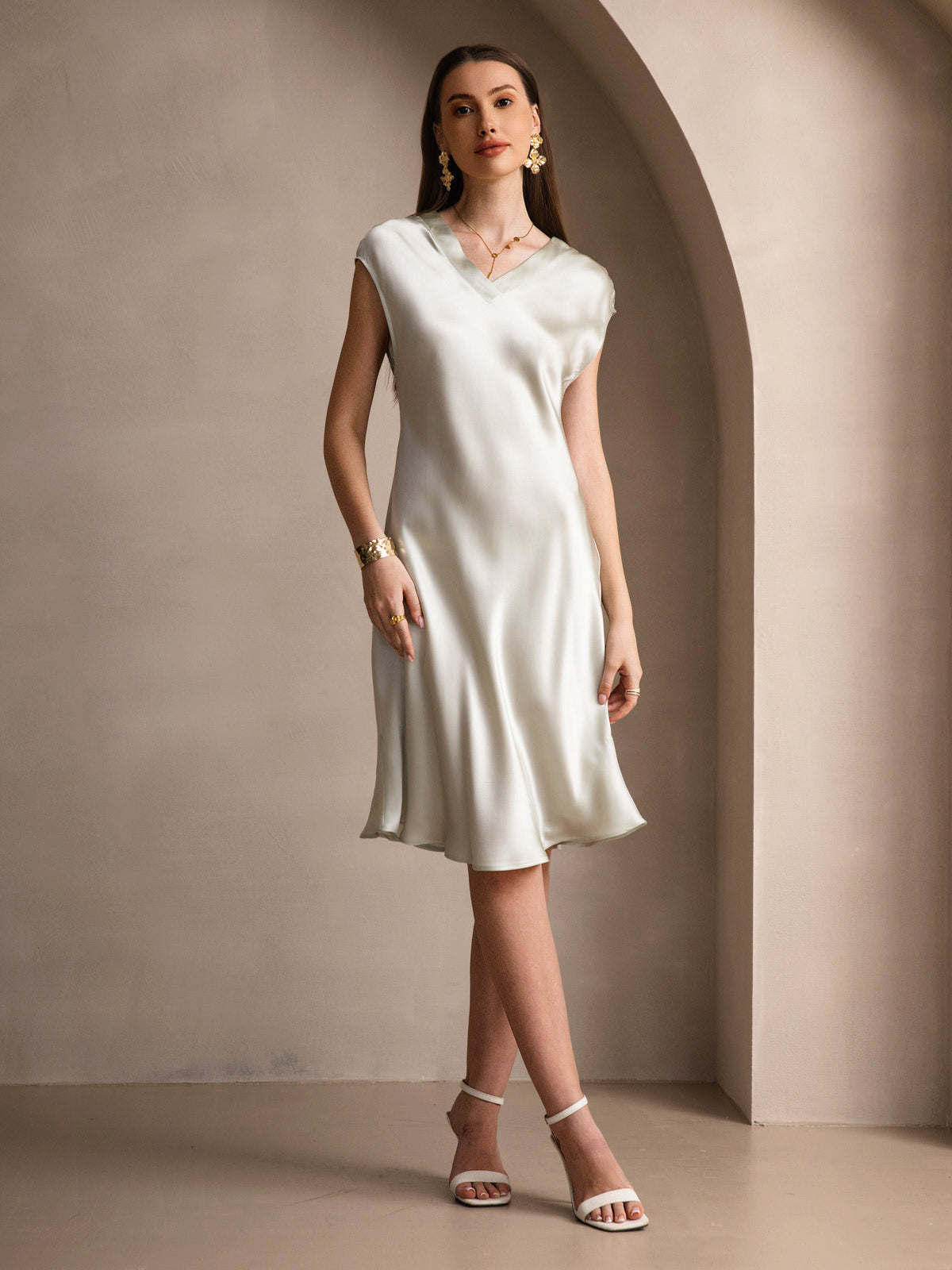Pure Silk Cap Sleeve V-neck Knee Nightdress