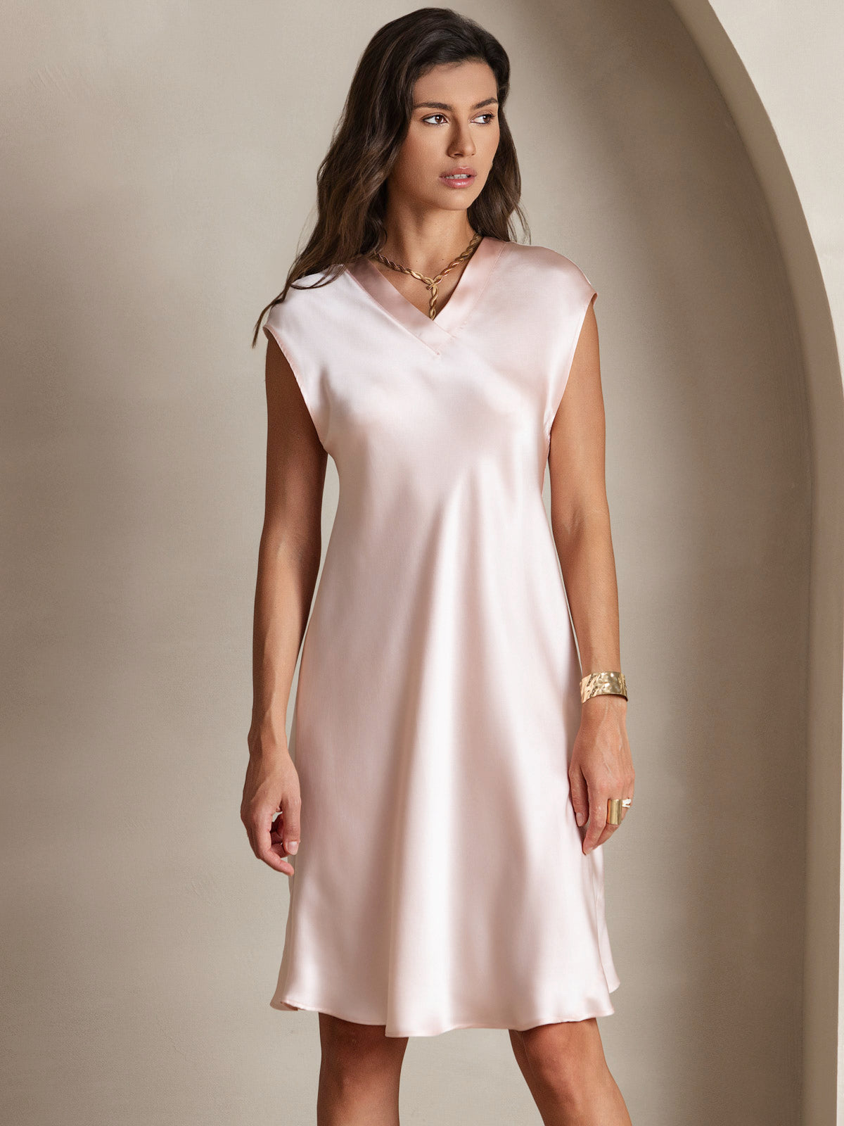 Pure Silk Cap Sleeve V Neck Knee Dress