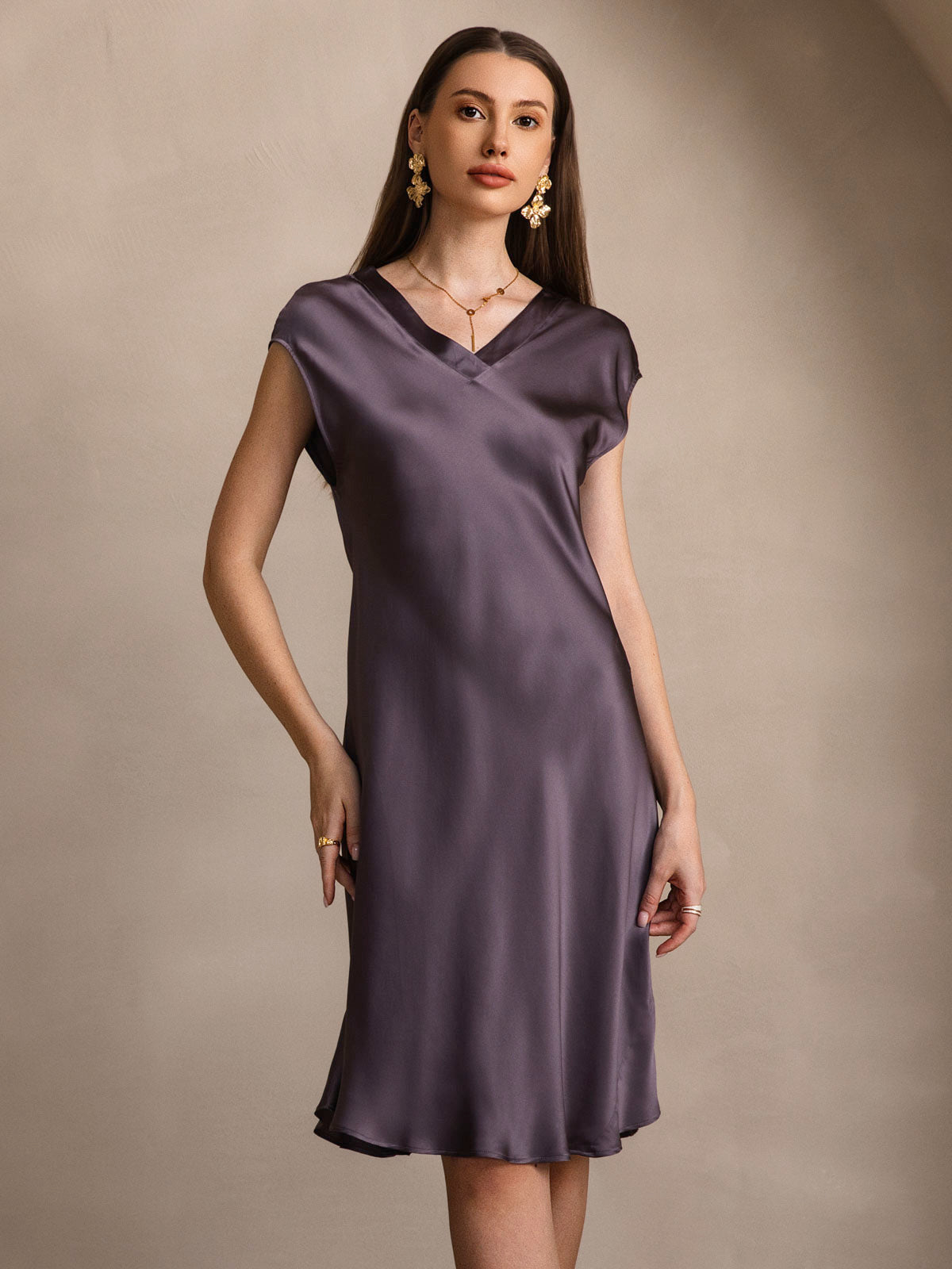 Pure Silk Cap Sleeve V-neck Knee Nightdress