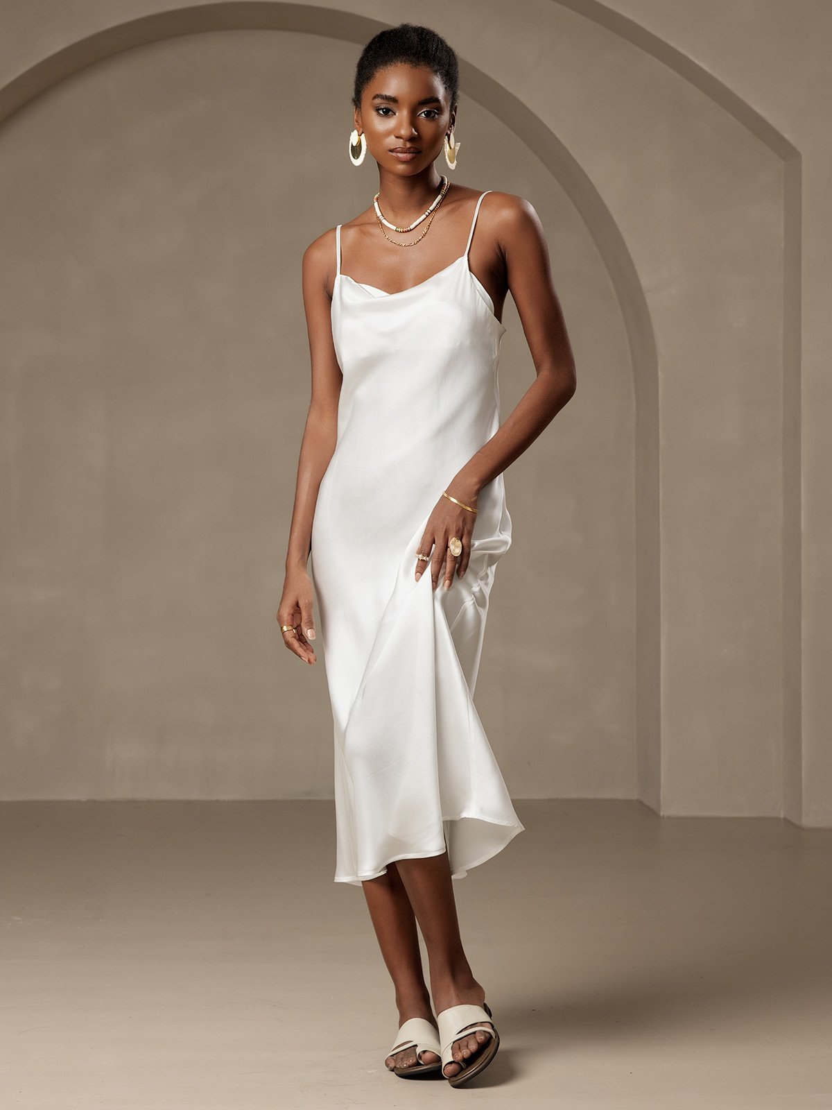 Pure Silk Cowl Neck Midi Dress