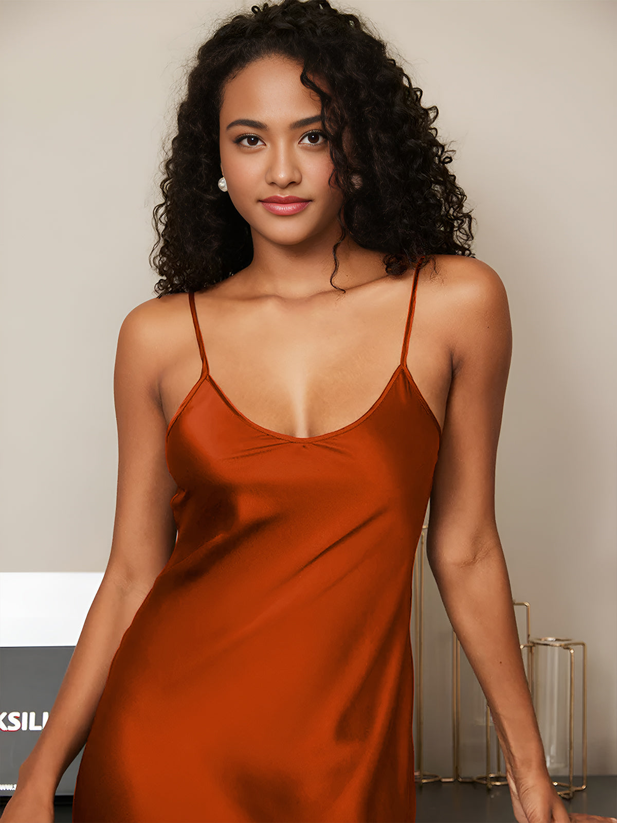Pure Silk Spaghetti Strap V Neck Midi Dress