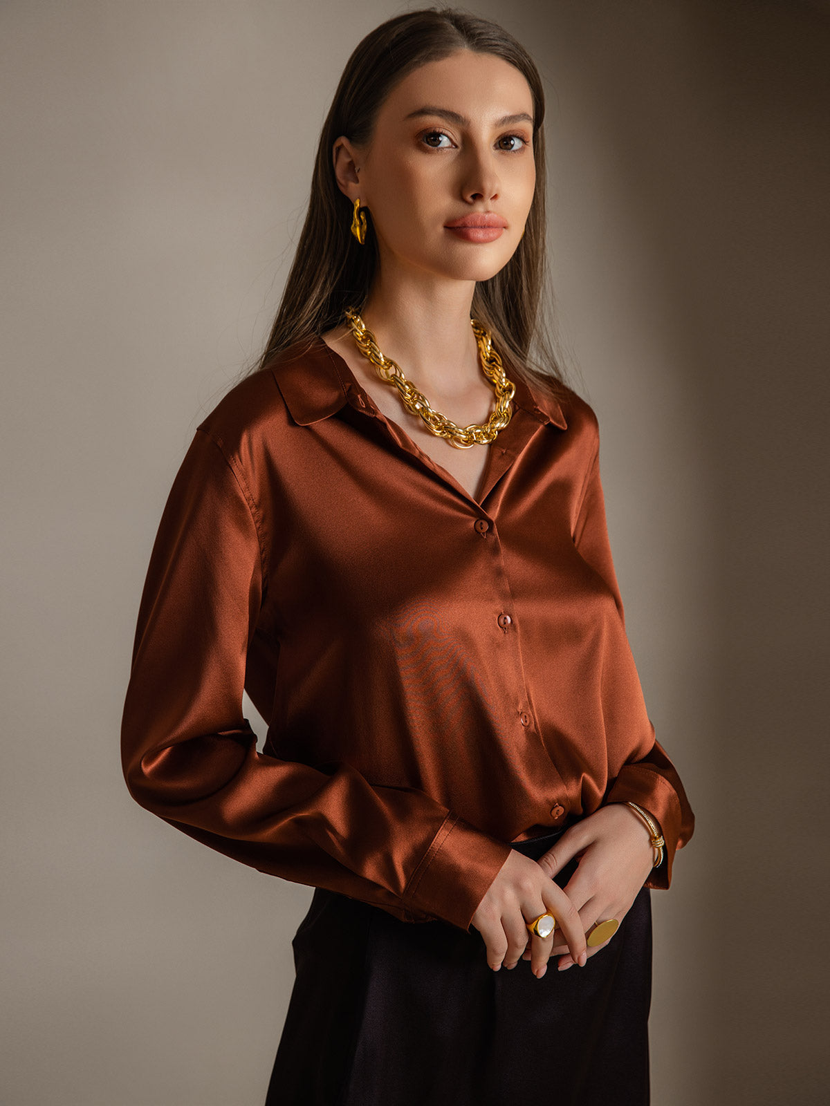 19Momme Silk Long Sleeve Lapel Collar Women's Shirt