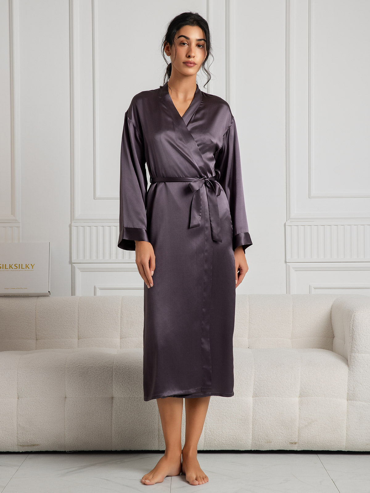 Women's Pure Silk Long Sleeve Midi Wrap Dressing Gown