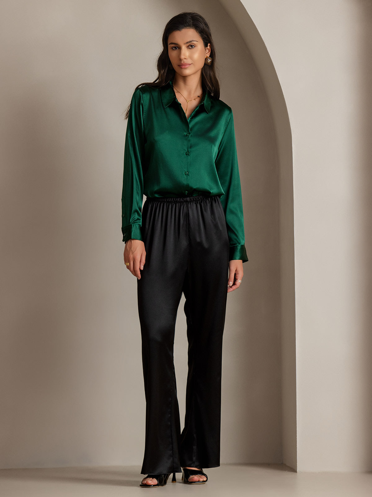 19Momme Silk Long Sleeve Lapel Collar Women's Shirt with Button Up Design