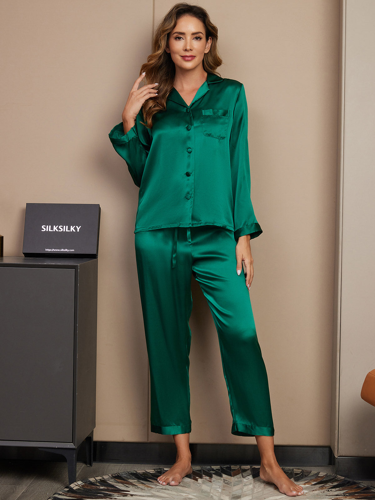 Pure Silk Long Sleeve Notch Collar Button Up Women's Pyjamas Set