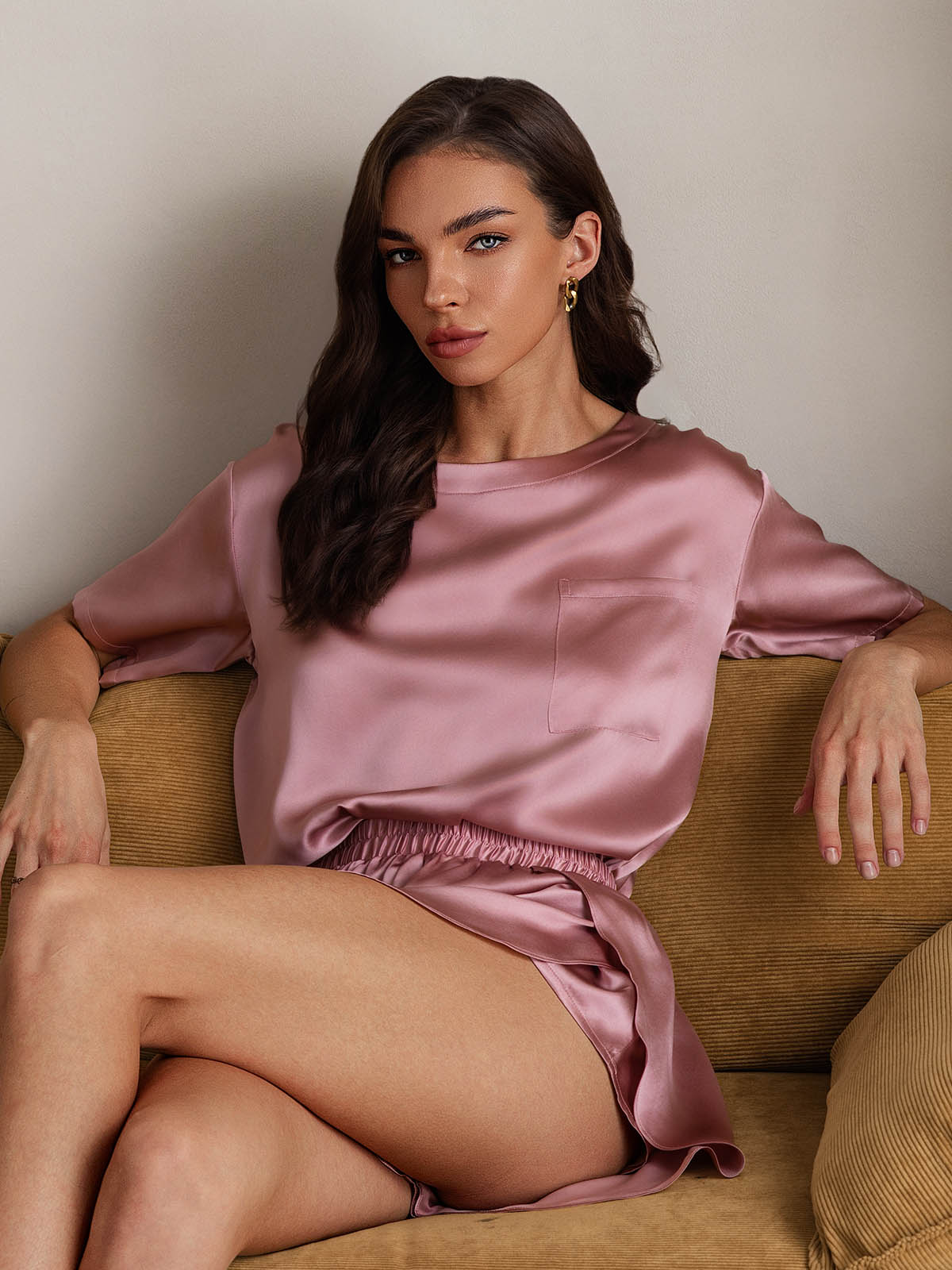 Pure Silk Short Sleeve Round Neck Women's Pyjamas Set