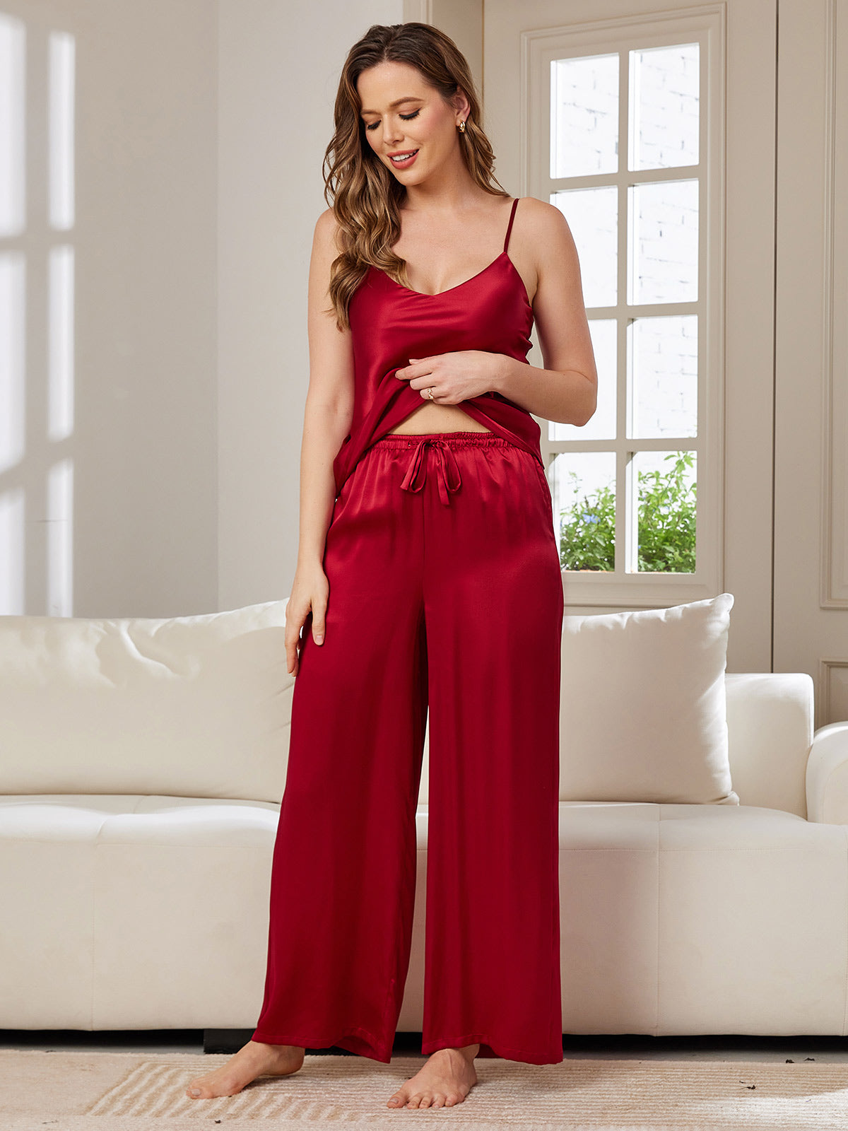 Pure Silk Spaghetti Strap V Neck Cami & Wide Leg Pants Set