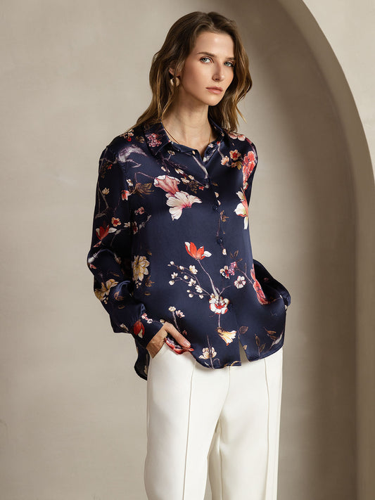 19Momme Silk Navy Floral Print Long Sleeve Lapel Collar Women's Shirt