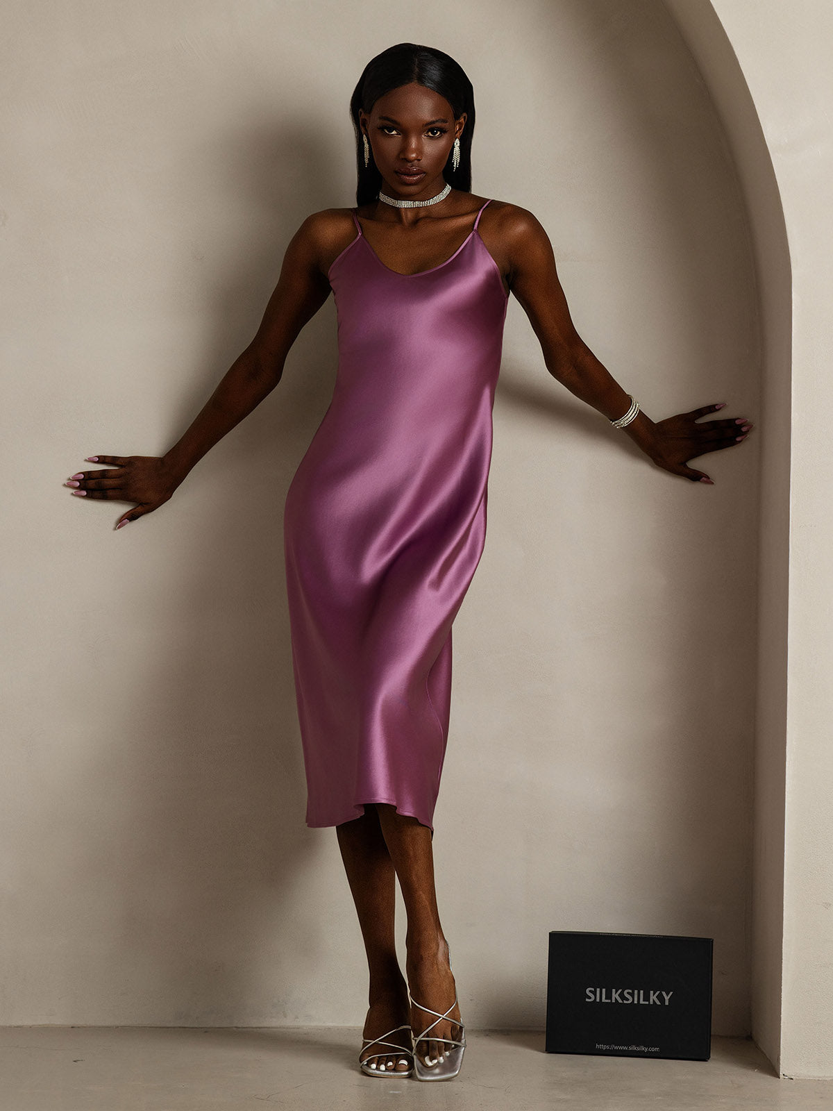 Pure Silk Spaghetti Strap Midi Dress