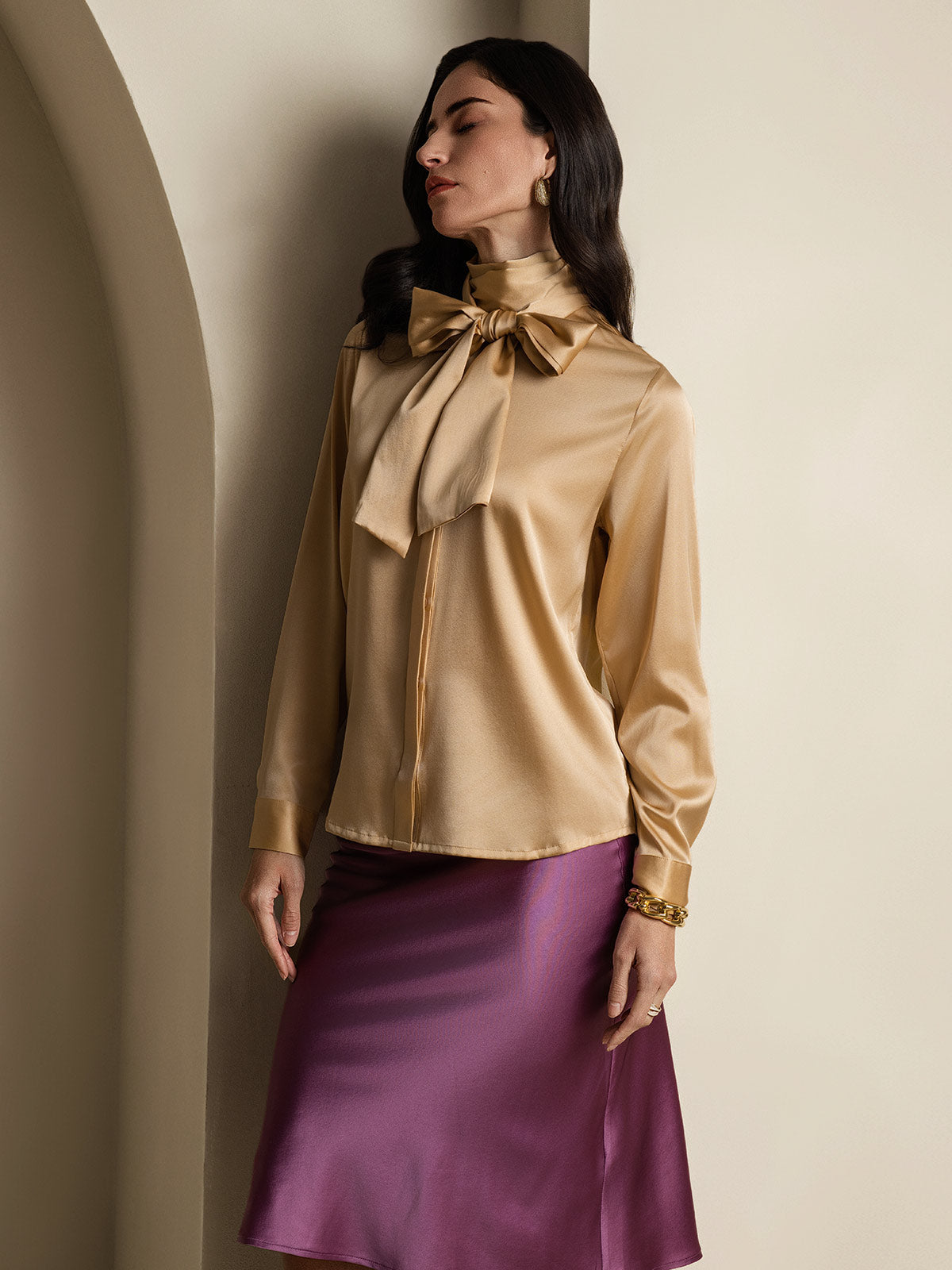 19Momme Silk Long Sleeve High Neck Bow Tie Blouse